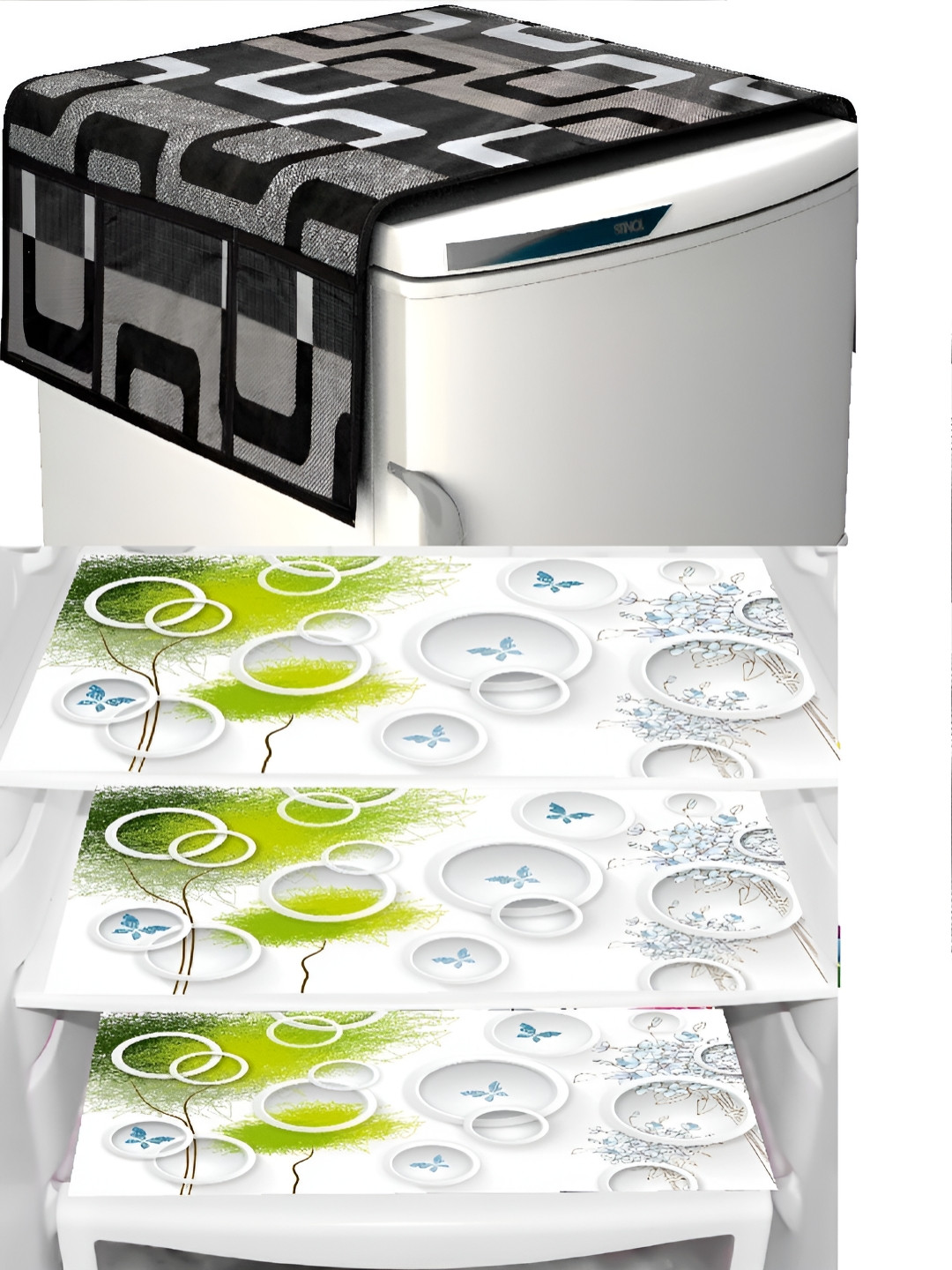 REVEXO Black & Green 5 Pieces Printed Fridge Top Cover Handle Covers & Mats