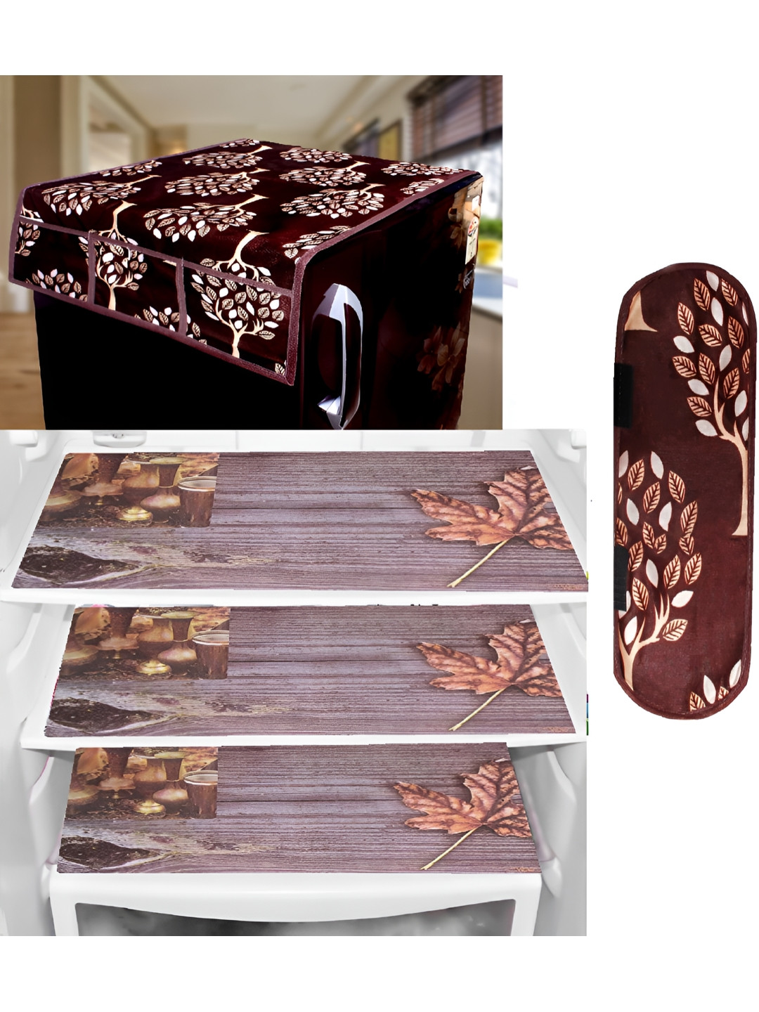 REVEXO 5 Pieces Maroon & Beige Refrigerator covers, Mats & Handle Cover