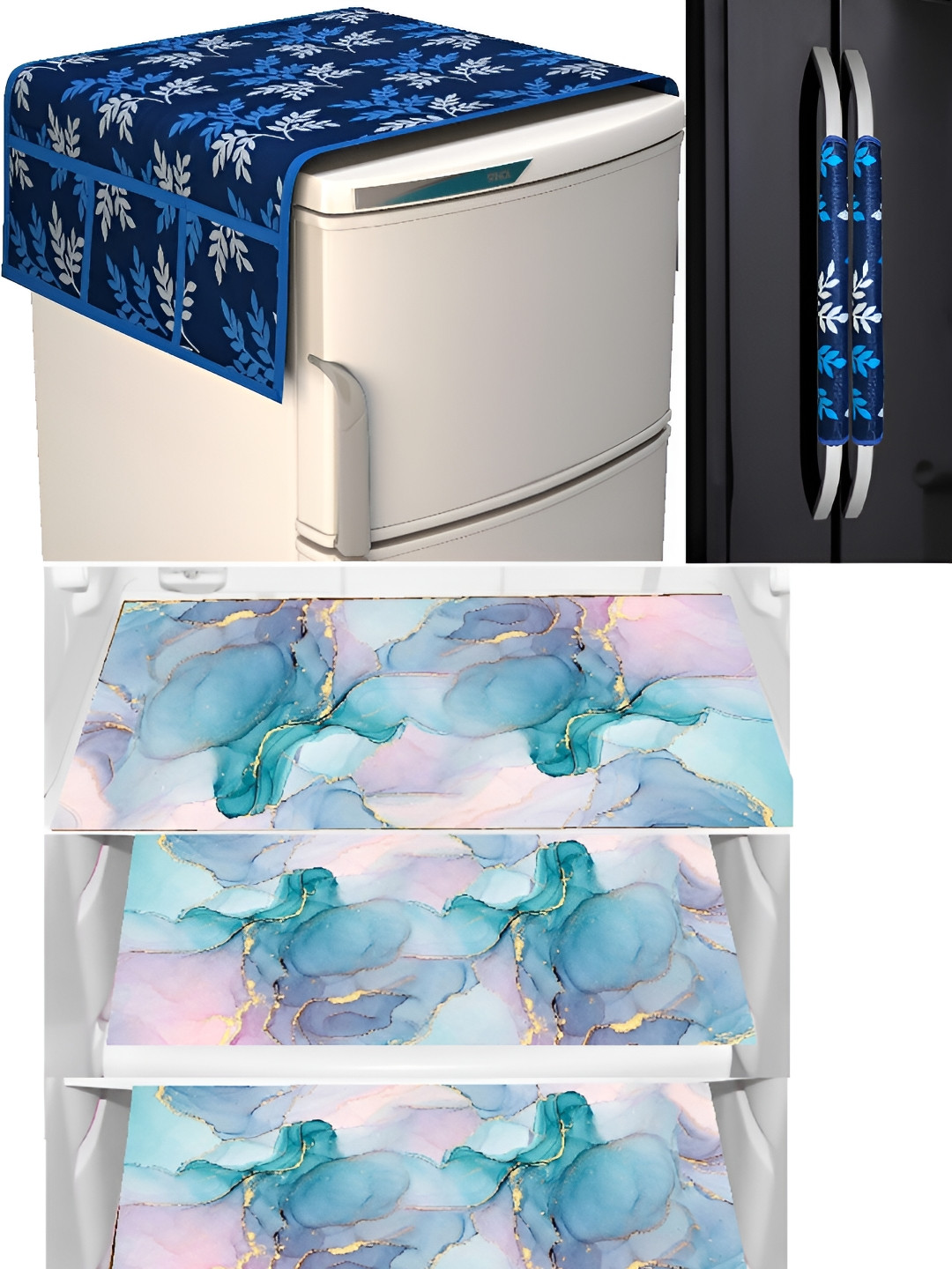 REVEXO Blue & Cream 6 Pieces Colored Refrigerator covers, Mats & Handle Cover