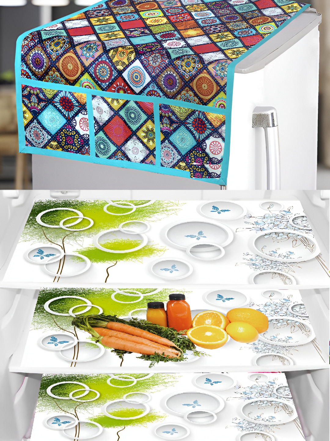 REVEXO Blue & Green 4 Pieces Printed Easy to Wash Refrigerator Covers