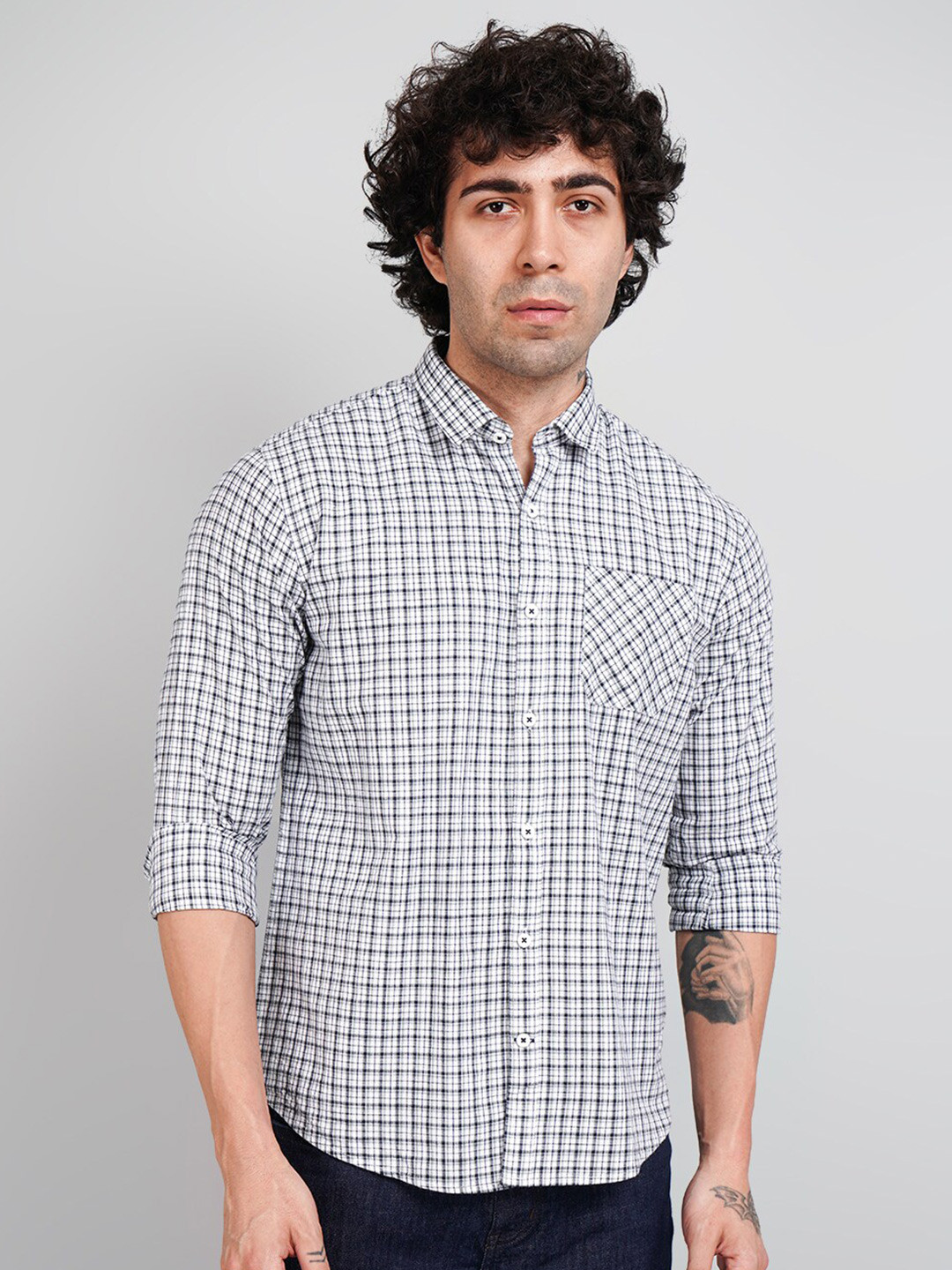 TIM PARIS Comfort Spread Collar Gingham Checks Opaque Checked Cotton Casual Shirt
