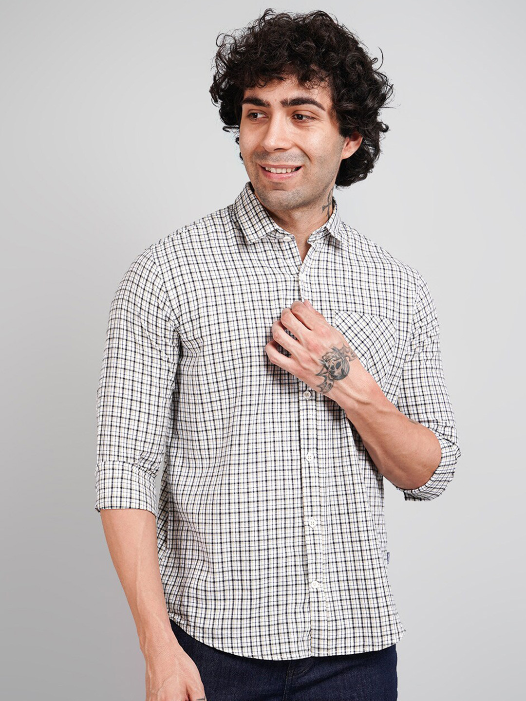 TIM PARIS Comfort Spread Collar Gingham Checks Opaque Checked Cotton Casual Shirt
