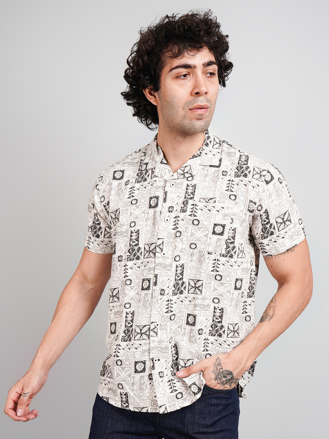 TIM PARIS Comfort Cuban Collar Opaque Printed Cotton Casual Shirt