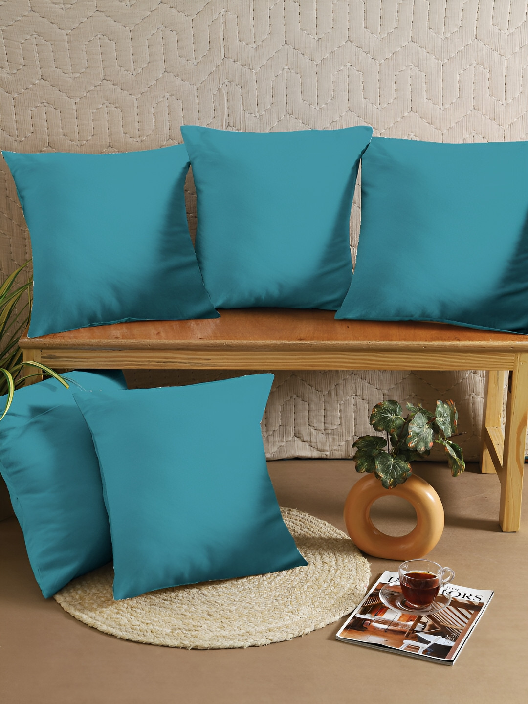 Ratan Cart Blue Cotton Durable 5 Square Cushion Covers -16x16In