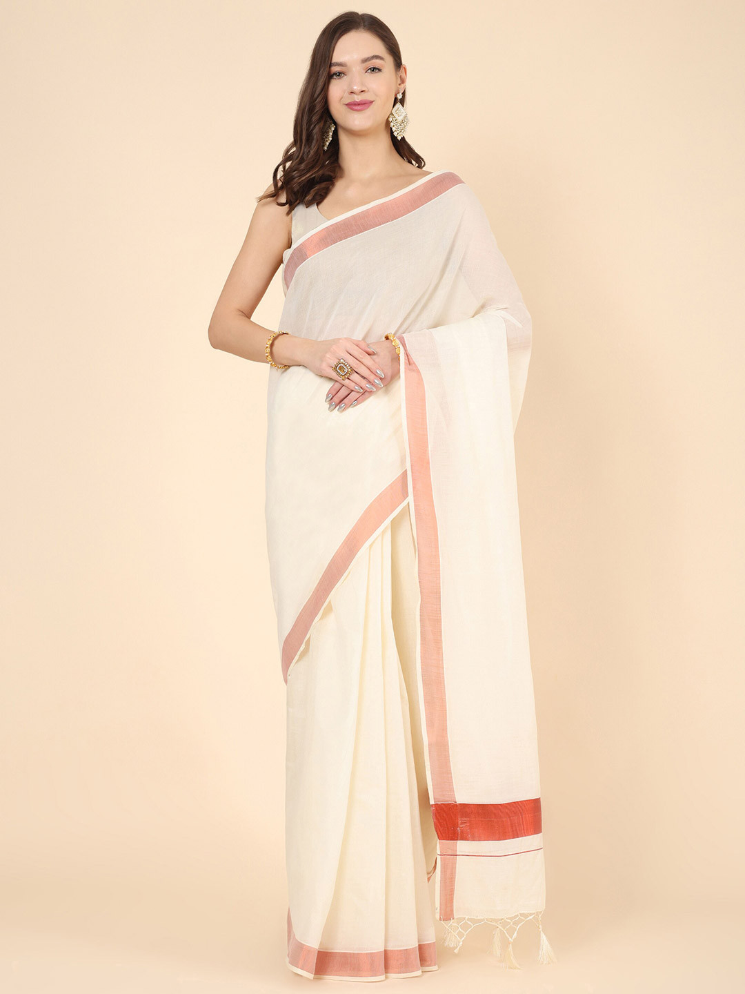 Manvish Drapes Zari Pure Cotton Kasavu Saree