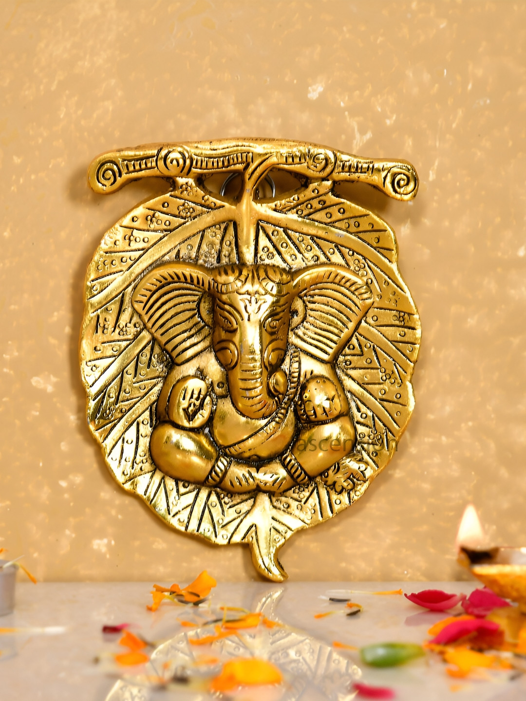 Ascension Lord Ganesha On Leaf Gold Metal Metallic Prayer Room Small Showpiece - 6.3 Inches
