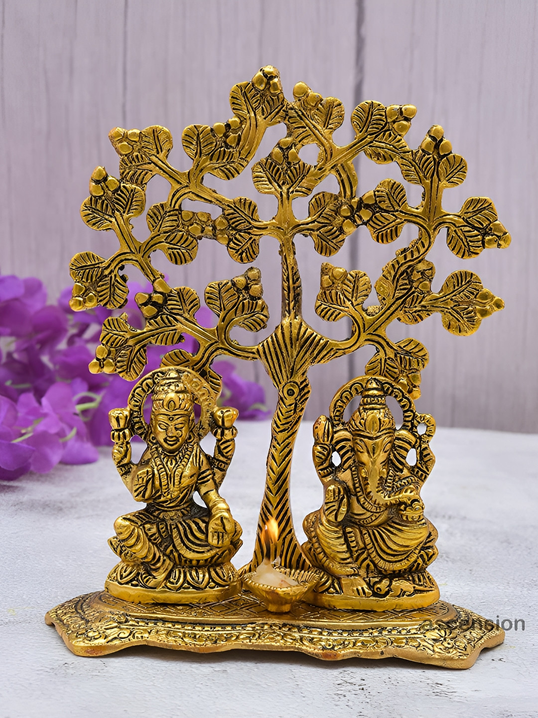 Ascension Laxmi Ganesh with Tree and Diya Gold Metal Metallic Prayer Room Hand-Crafted Small Showpiece - 3.1 Inches