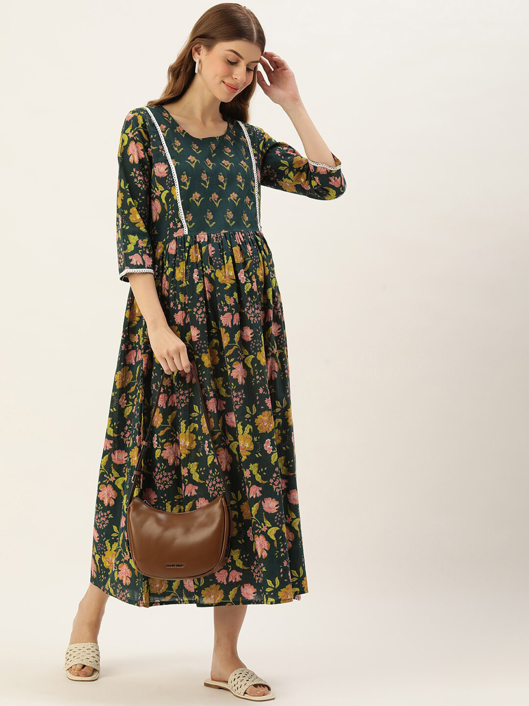 Vinya Floral Print Maternity Three-Quarter Sleeves Round Neck Cotton A-Line Maxi Dress