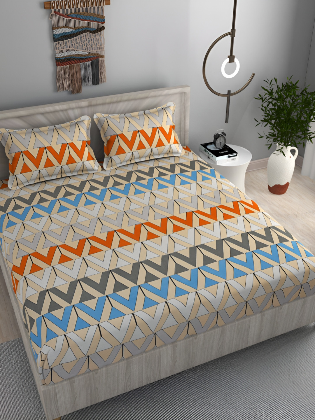 FINE TEX WORLD Peach & Blue Geometric 180 TC Microfiber Queen Bedsheet with 2 Pillow Cover