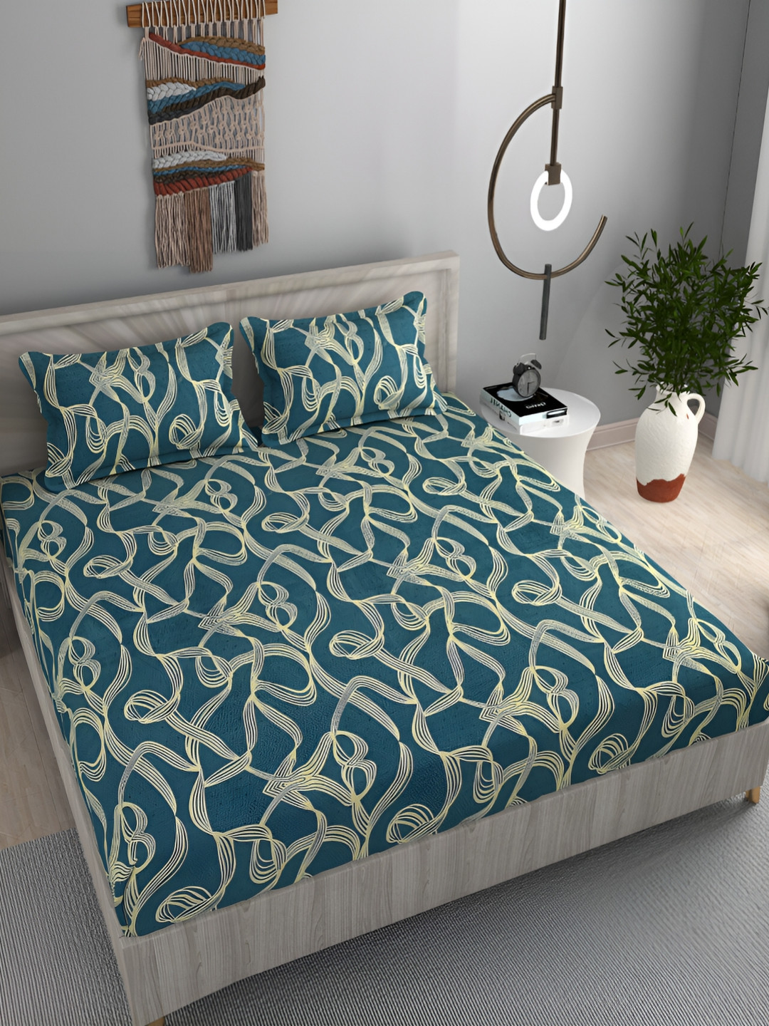 FINE TEX WORLD Teal Abstract Microfiber 180 TC Queen Fine Bedsheet with 2 Pillow Covers-90 x 100 inches
