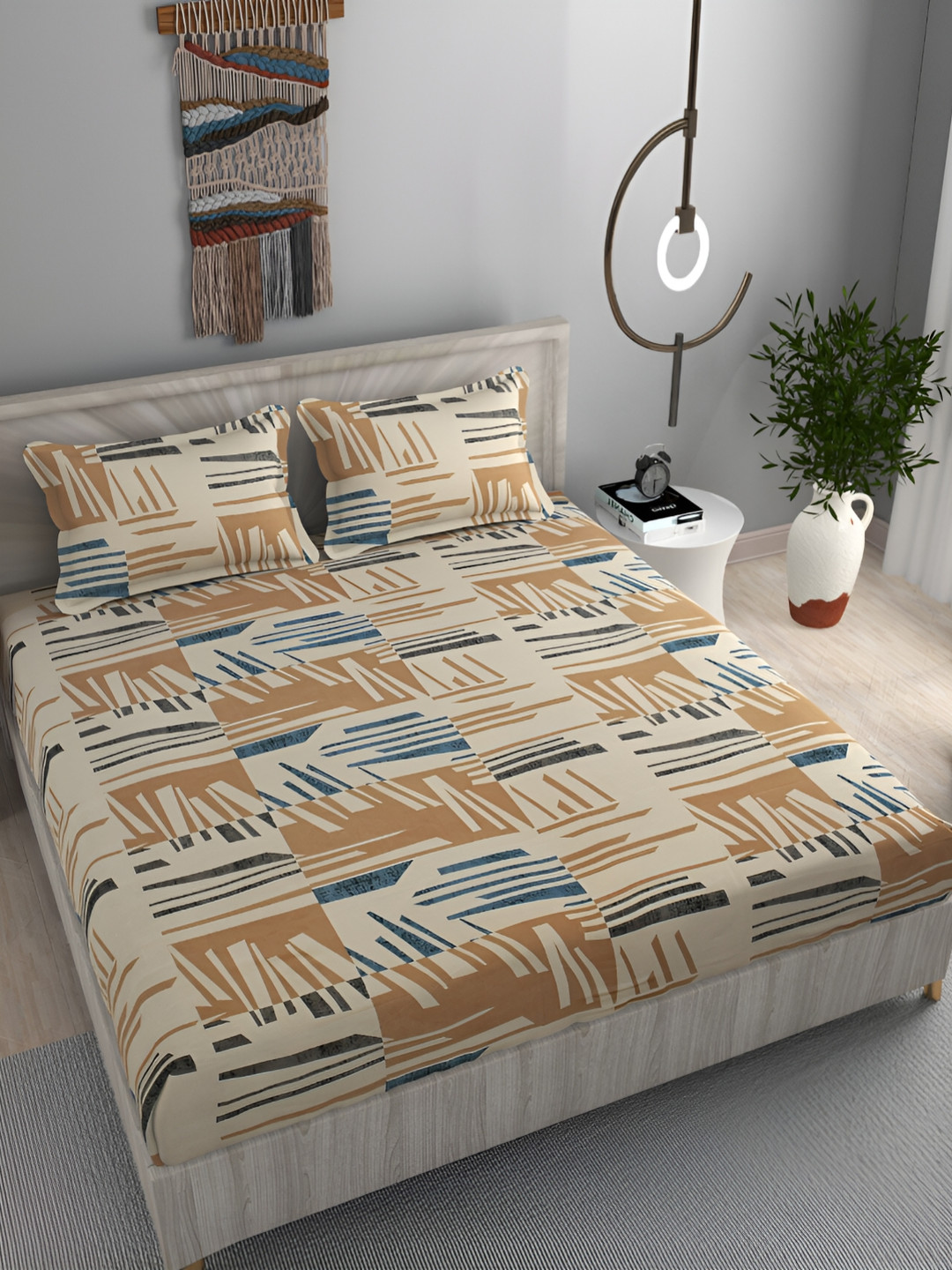 FINE TEX WORLD Unique Cream Abstract Microfiber 180 TC Queen Fine Bedsheet with 2 Pillow Covers-100 x 90 inches