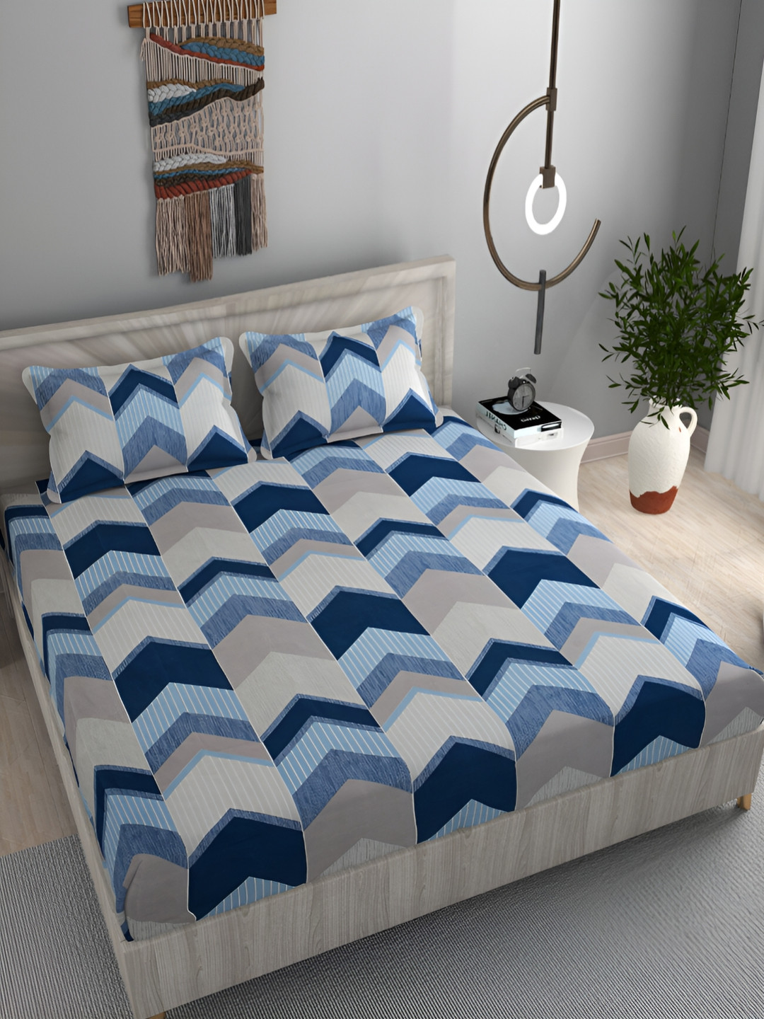 FINE TEX WORLD Unique Blue Geometric Microfiber 180 TC Queen Fine Bedsheet with 2 Pillow Covers-100 x 90 inches