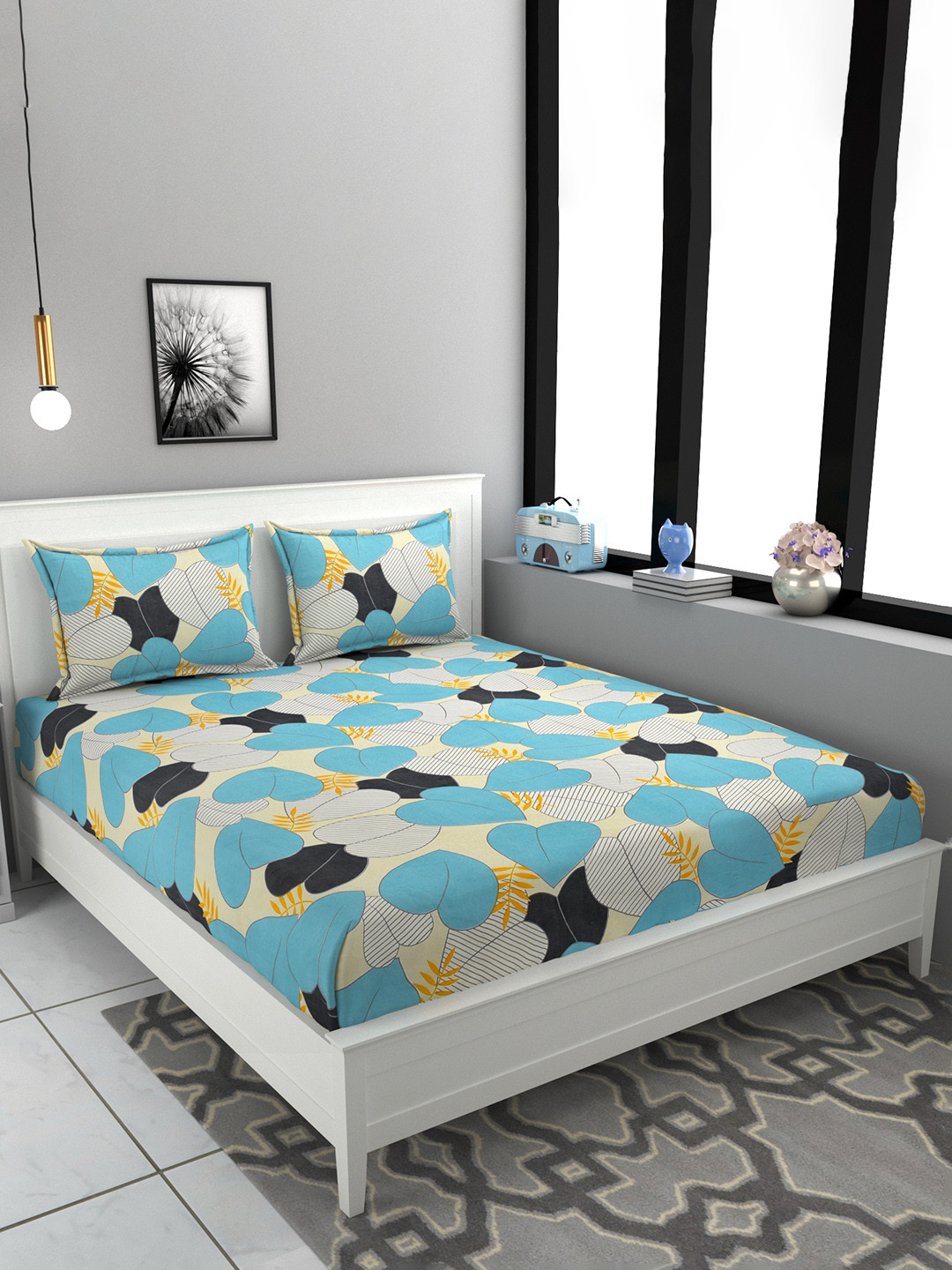 FINE TEX WORLD Superfine Green Floral Microfiber 180 TC Queen Fine Bedsheet with 2 Pillow Covers-90 x 100 inches