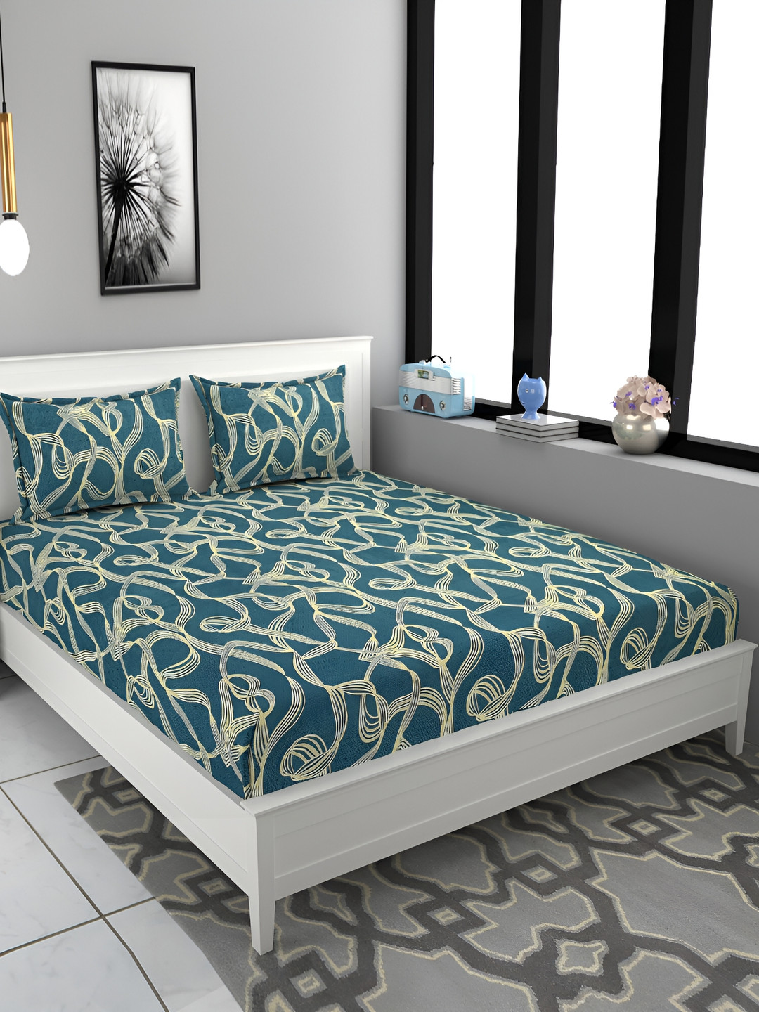 FINE TEX WORLD Teal Abstract Microfiber 180 TC Queen Fine Bedsheet with 2 Pillow Covers-90 x 100 inches