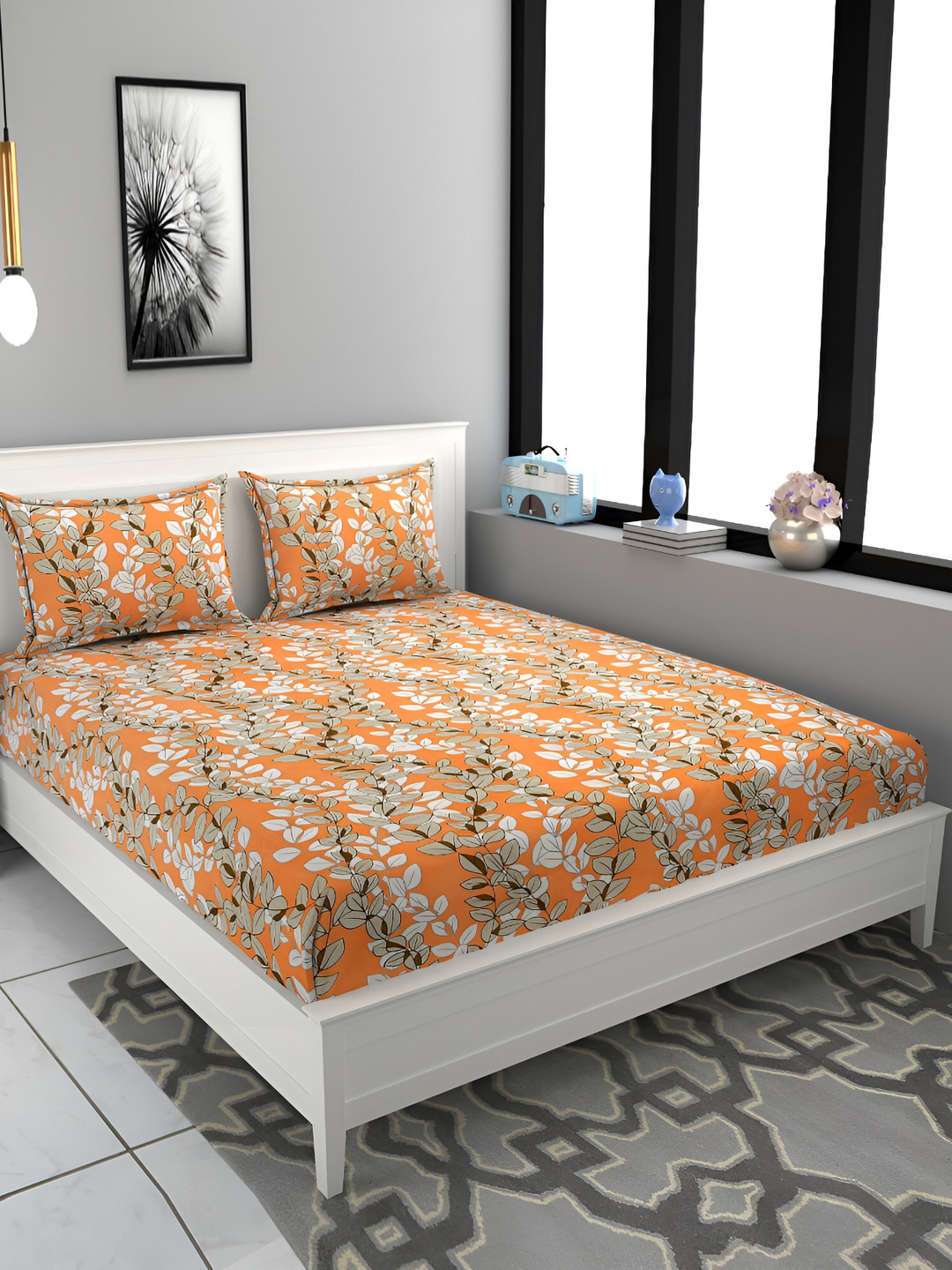 FINE TEX WORLD Orange Floral Microfiber 180 TC Queen Fine Bedsheet with 2 Pillow Covers-90 x 100 inches