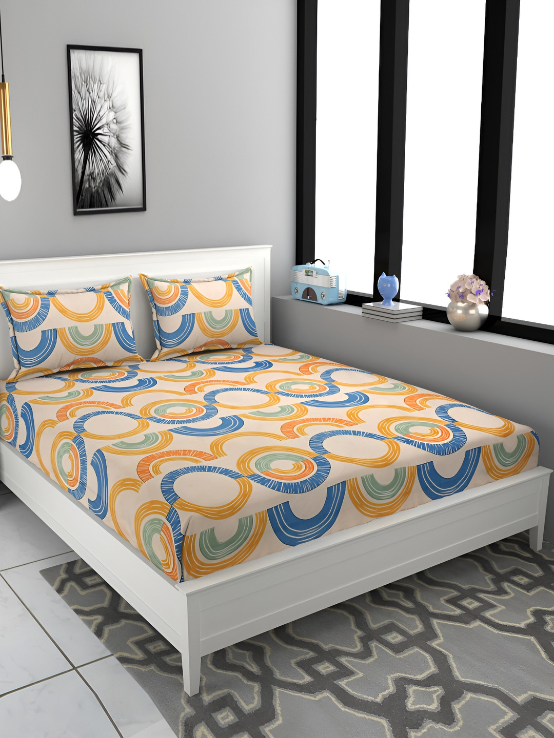 FINE TEX WORLD Gold Geometric Microfiber 180 TC Queen Superfine Bedsheet with 2 Pillow Covers-90 x 100 inches