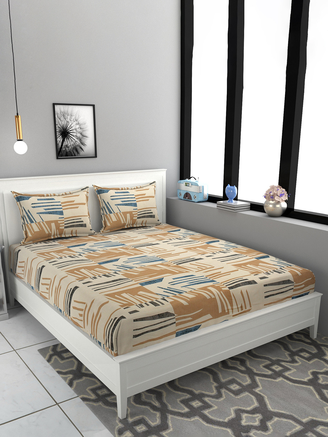 FINE TEX WORLD Cream Abstract Microfiber 180 TC Queen Superfine Bedsheet with 2 Pillow Covers-90 x 100 inches