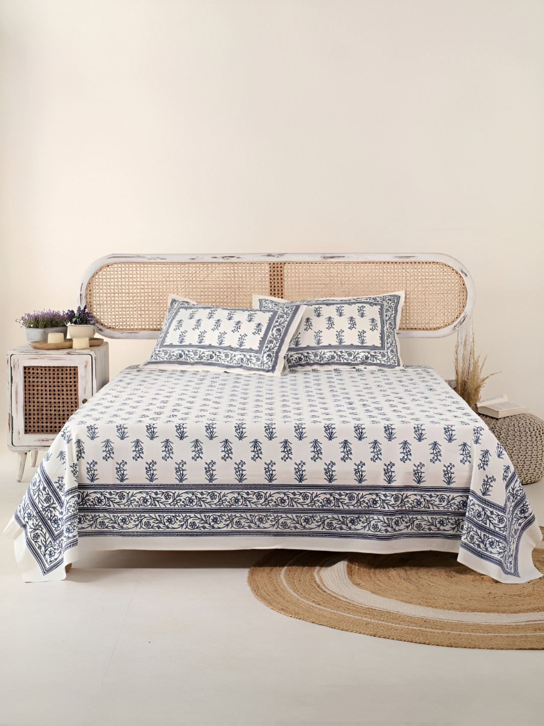 Peepul Tree Off White Ethnic Motifs Cotton Skin-Friendly 300 TC King Fine Bedsheet with 2 Pillow Covers-108 x 90 inches