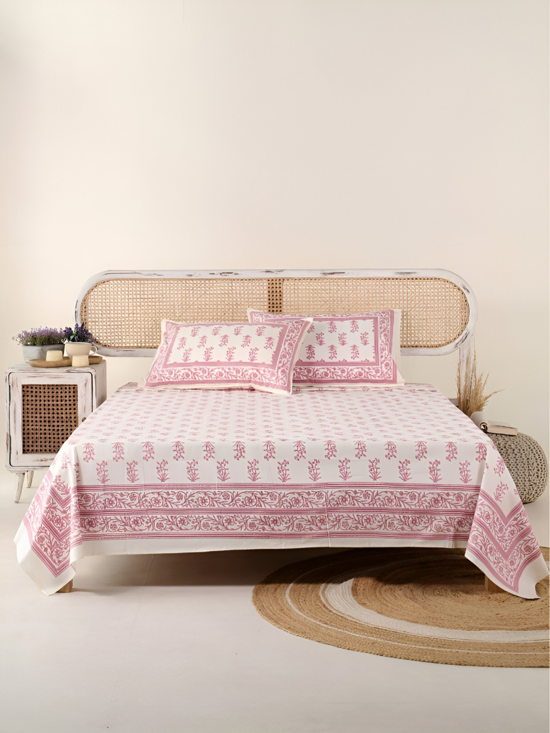 Peepul Tree Live Beautiful Off White Floral Cotton Breathable 300 TC King Fine Bedsheet with 2 Pillow Covers-274 x 228 cm