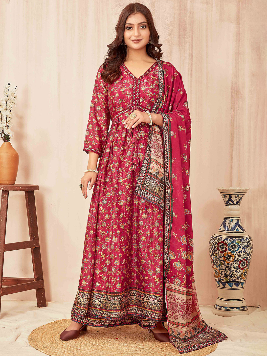 ODD BY chansi TRENDZ Floral Printed Beads & Stones Anarkali Kurta With Palazzos & Dupatta
