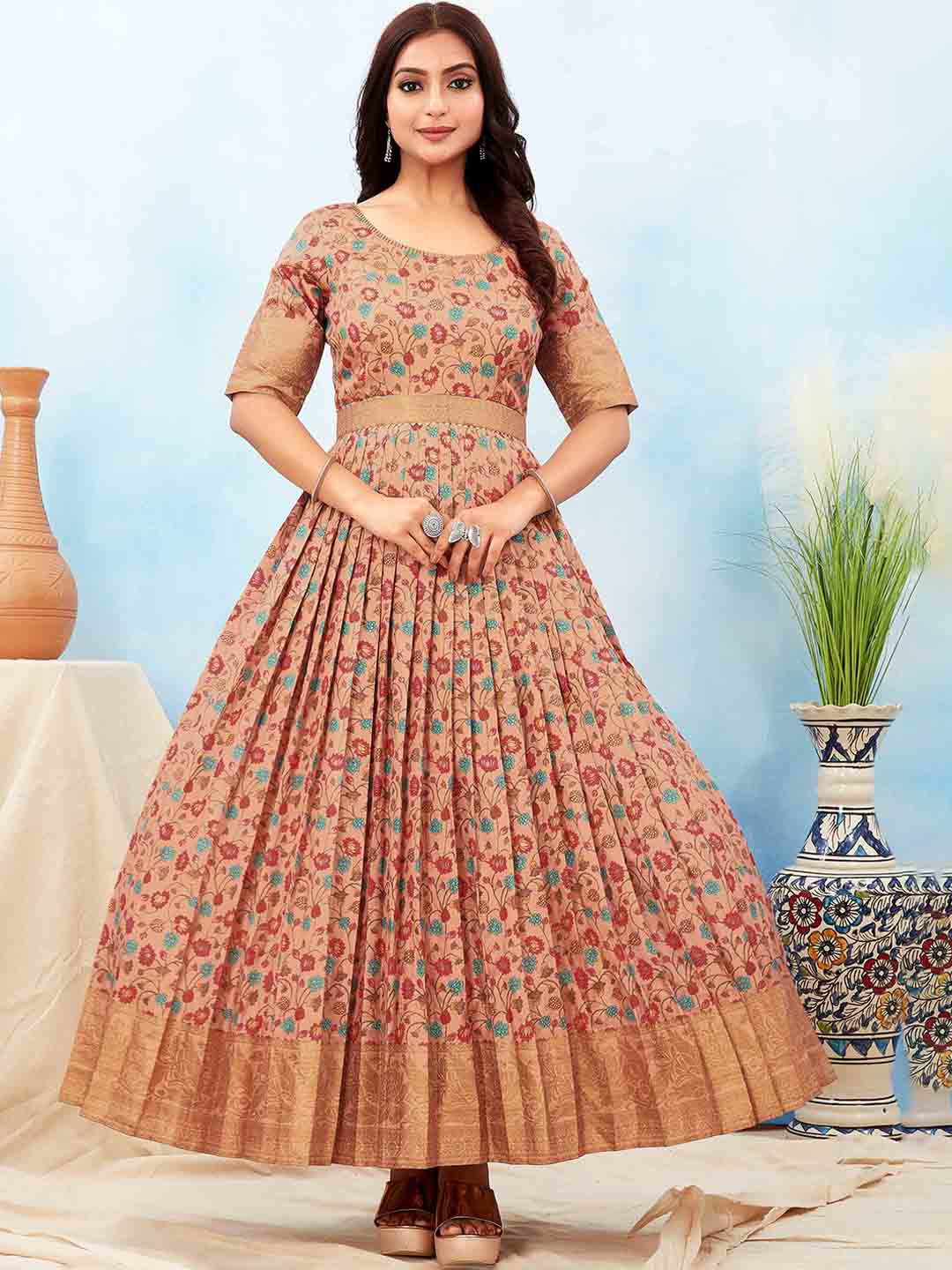 ODD BY chansi TRENDZ Floral Printed Fit & Flare Silk Ethnic Dresses & Belt