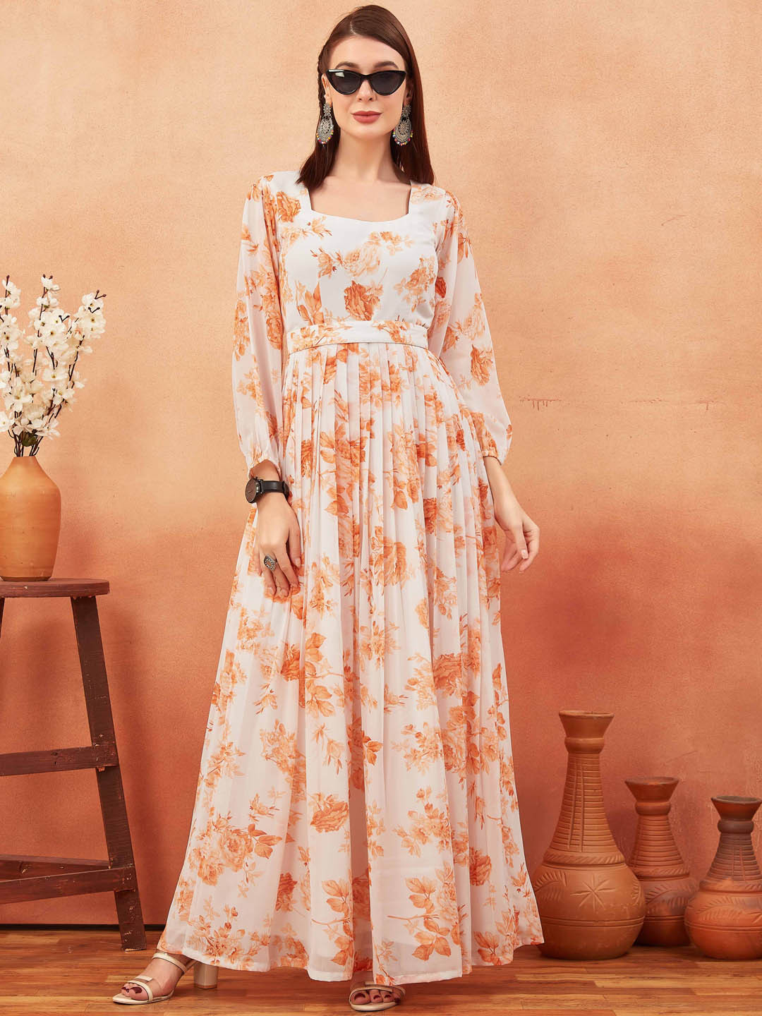 ODD BY chansi TRENDZ Floral Printed Square Neck Fit & Flare Ethnic Dresses & Belt