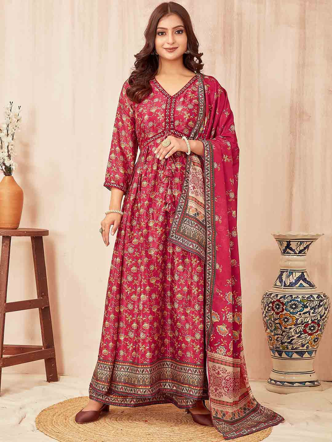 ODD BY chansi TRENDZ Floral Printed Beads & Stones Anarkali Kurta With Palazzos & Dupatta