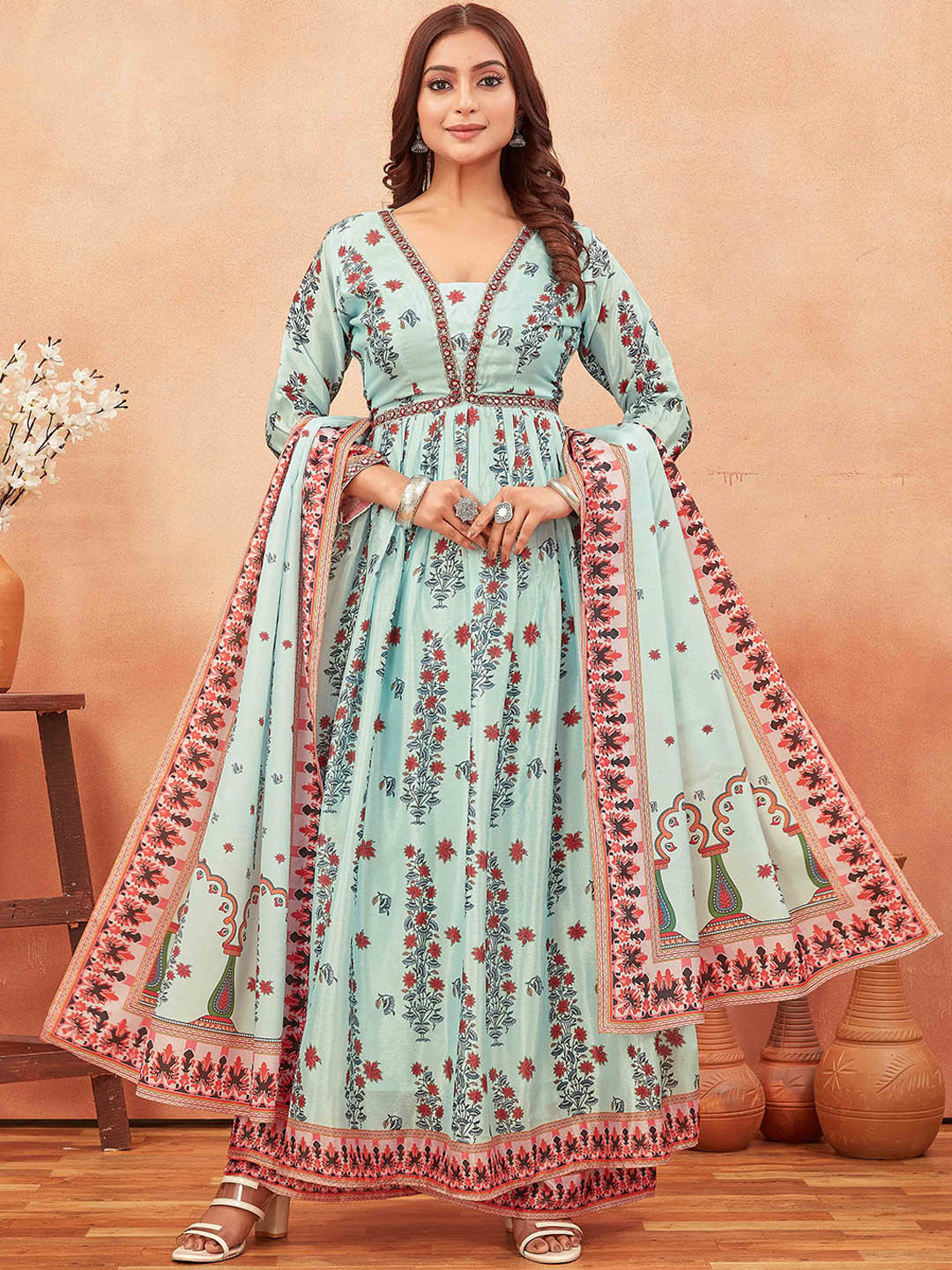 ODD BY chansi TRENDZ Floral Printed Mirror Work Anarkali Kurta With Palazzos & Dupatta