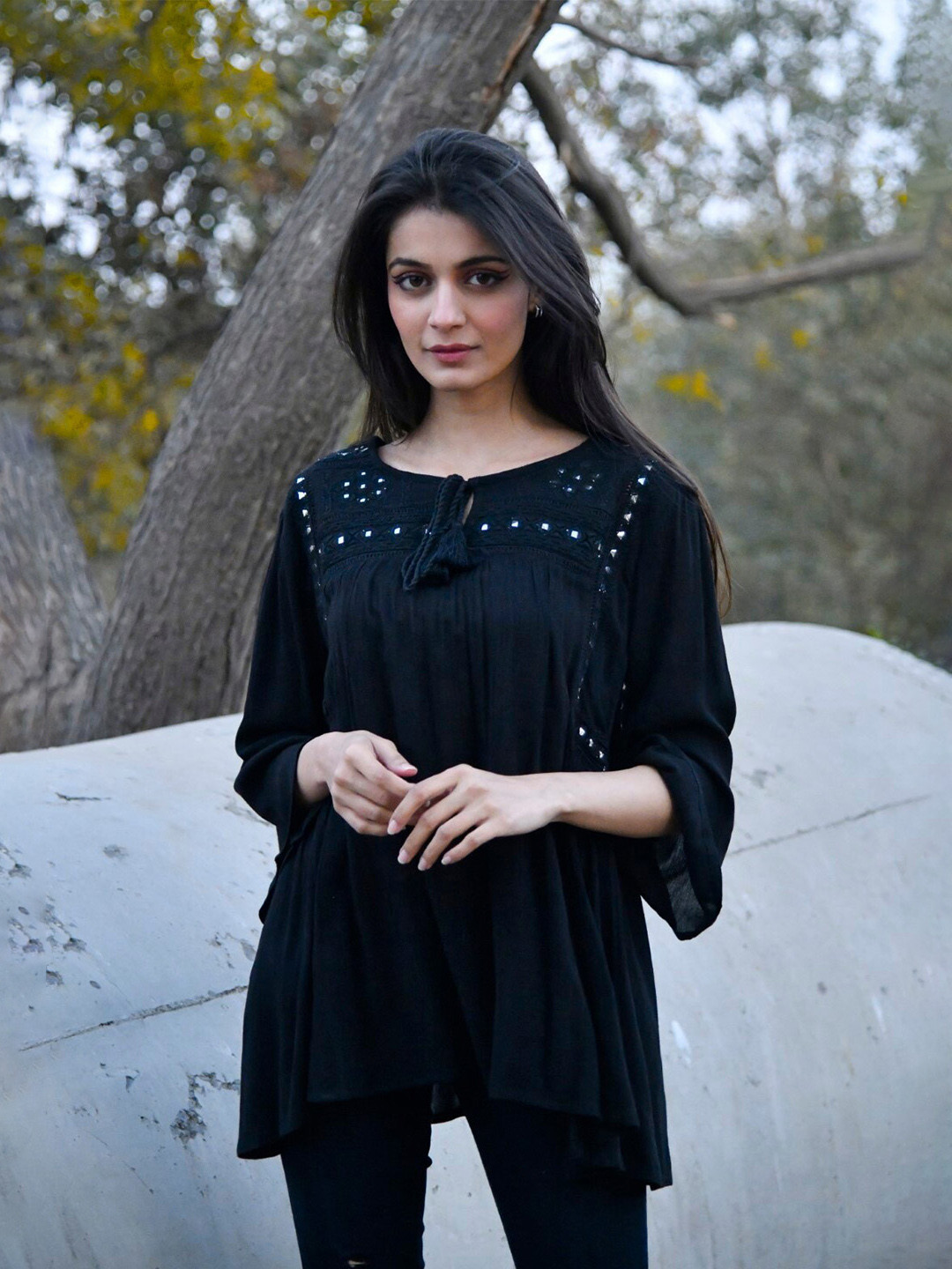 Nyaro Mirror Work Tie-Up Neck Empire Top