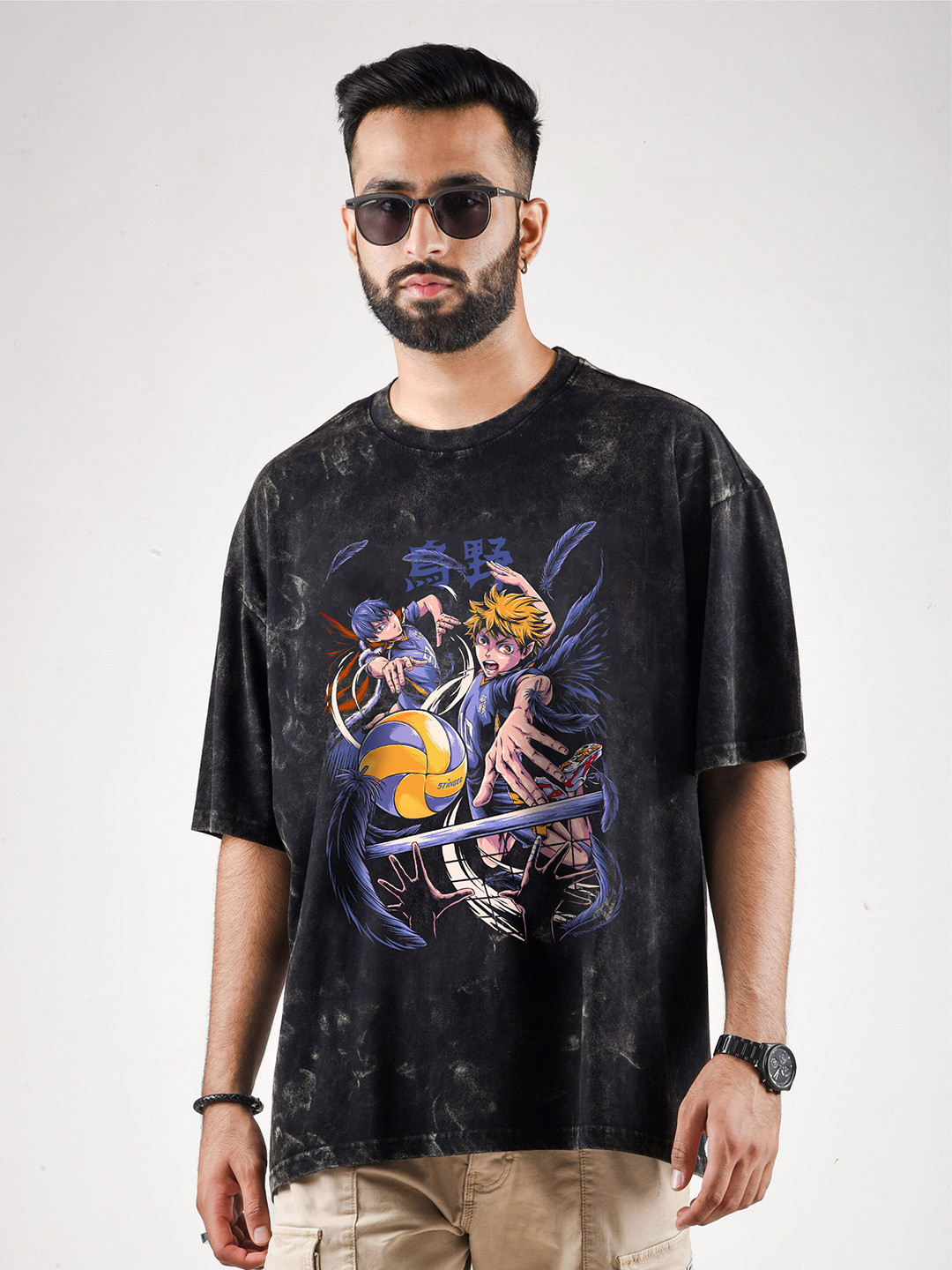 COMICSENSE Haikyuu Anime Graphic Printed Washed Bio Finish Cotton Oversized T-shirt