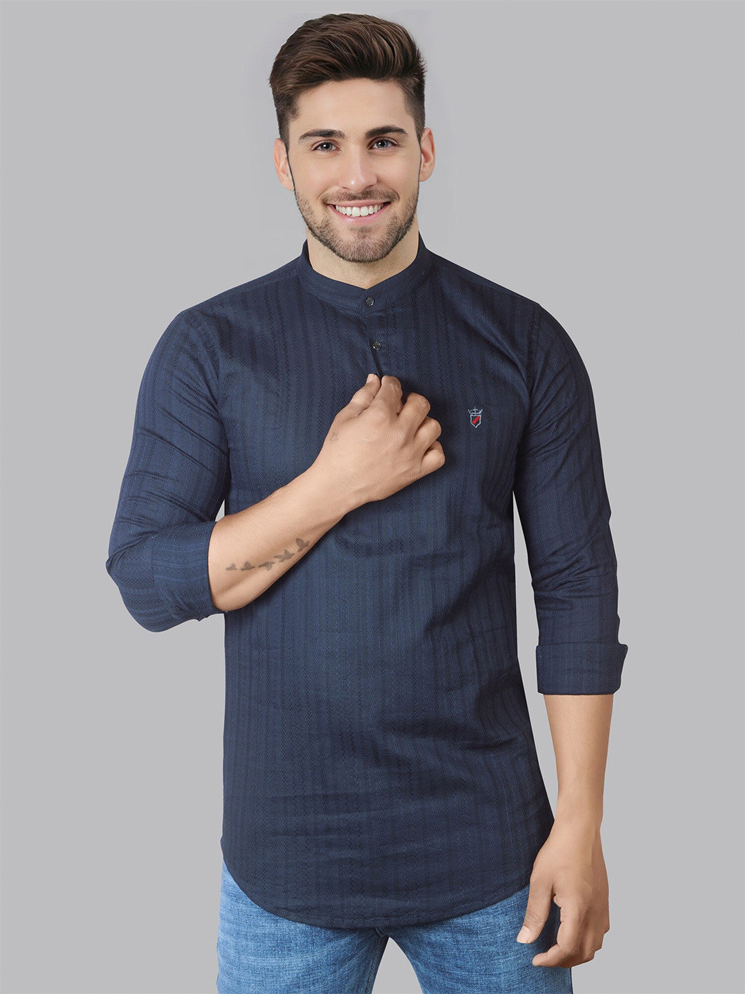 Jb Just BLACK Classic Vertical Stripes Mandarin Collar Long Sleeves Cotton Casual Shirt
