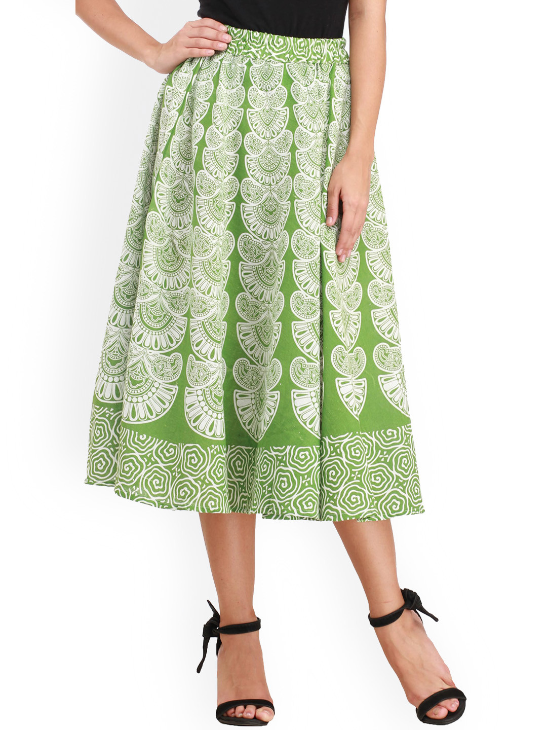 Exotic India Block Printed Motifs Flourite Green Pure Cotton Midi-Skirt