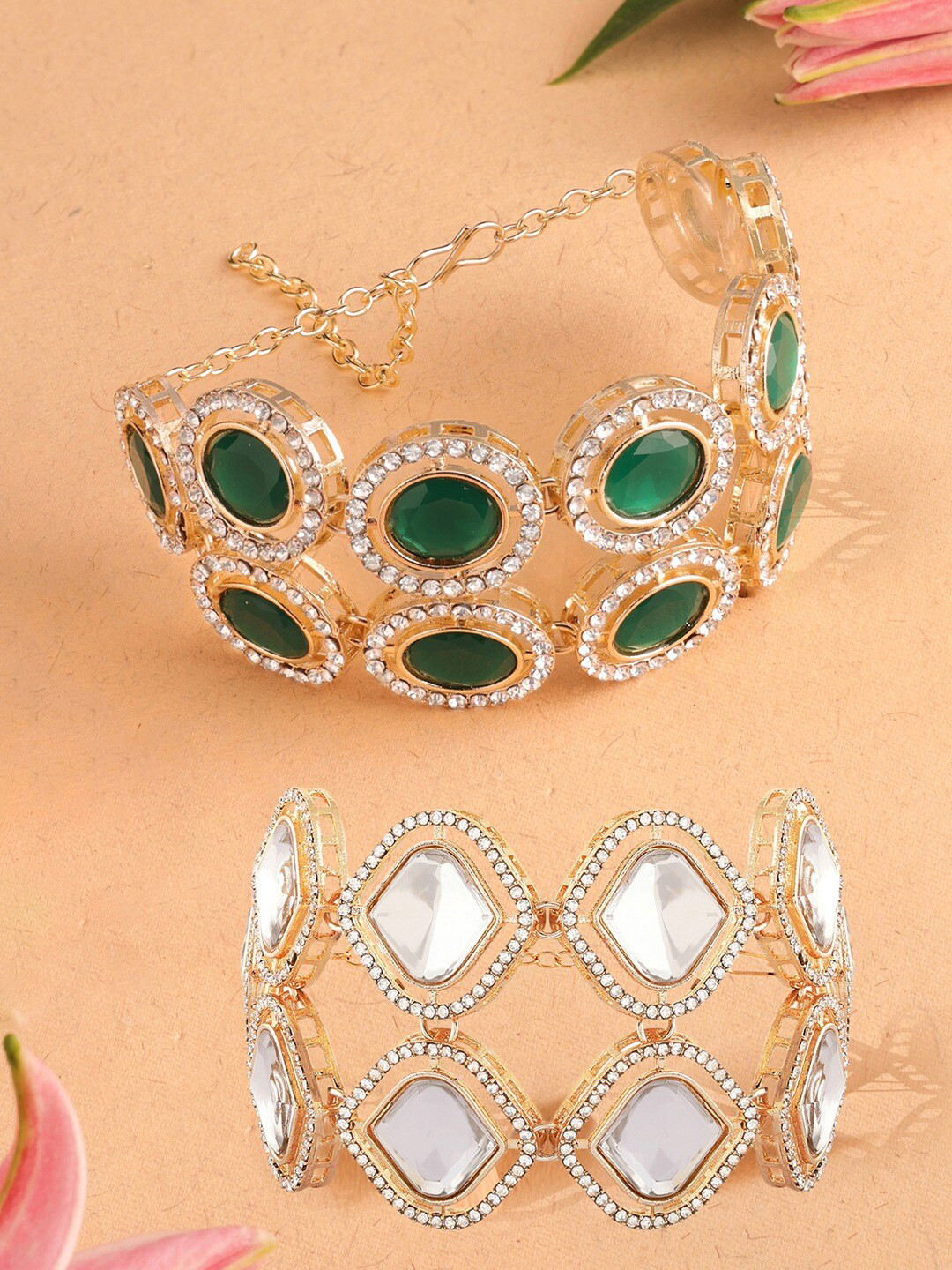AMI Pack Of 2 Gold-Plated Austrian Diamonds Studded Wraparound Bracelets