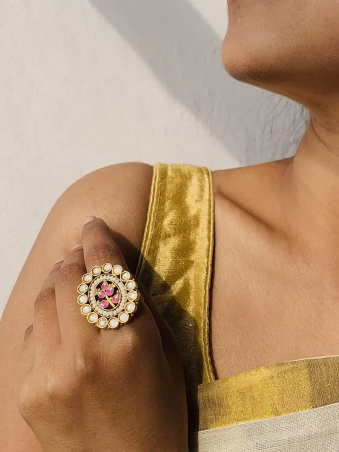 Unniyarcha Gold-Plated Silver Kundan-Studded & Beaded Jadau Adjustable Finger Ring