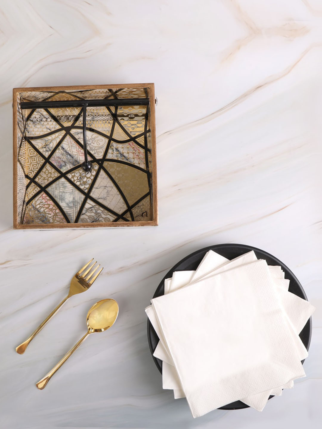 THE HOME CO.  Crisscross White & Gold Toned Printed Wooden Square Tissue Holder