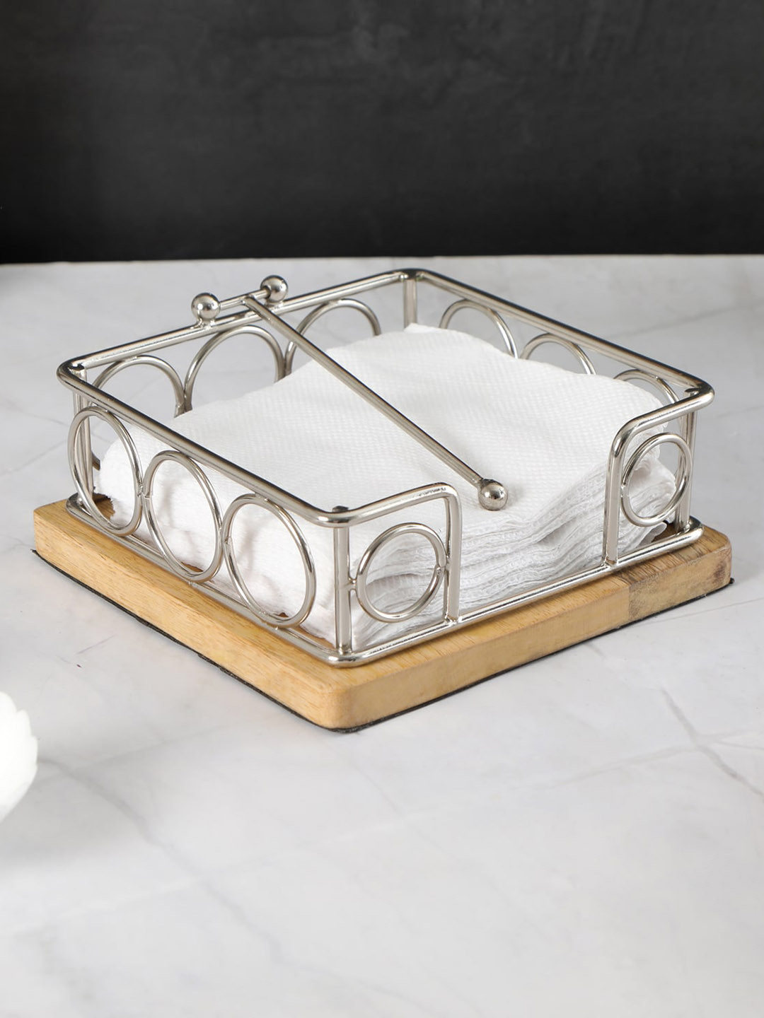 THE HOME CO. Silver Toned & Brown Textured Wooden Tissue Holder