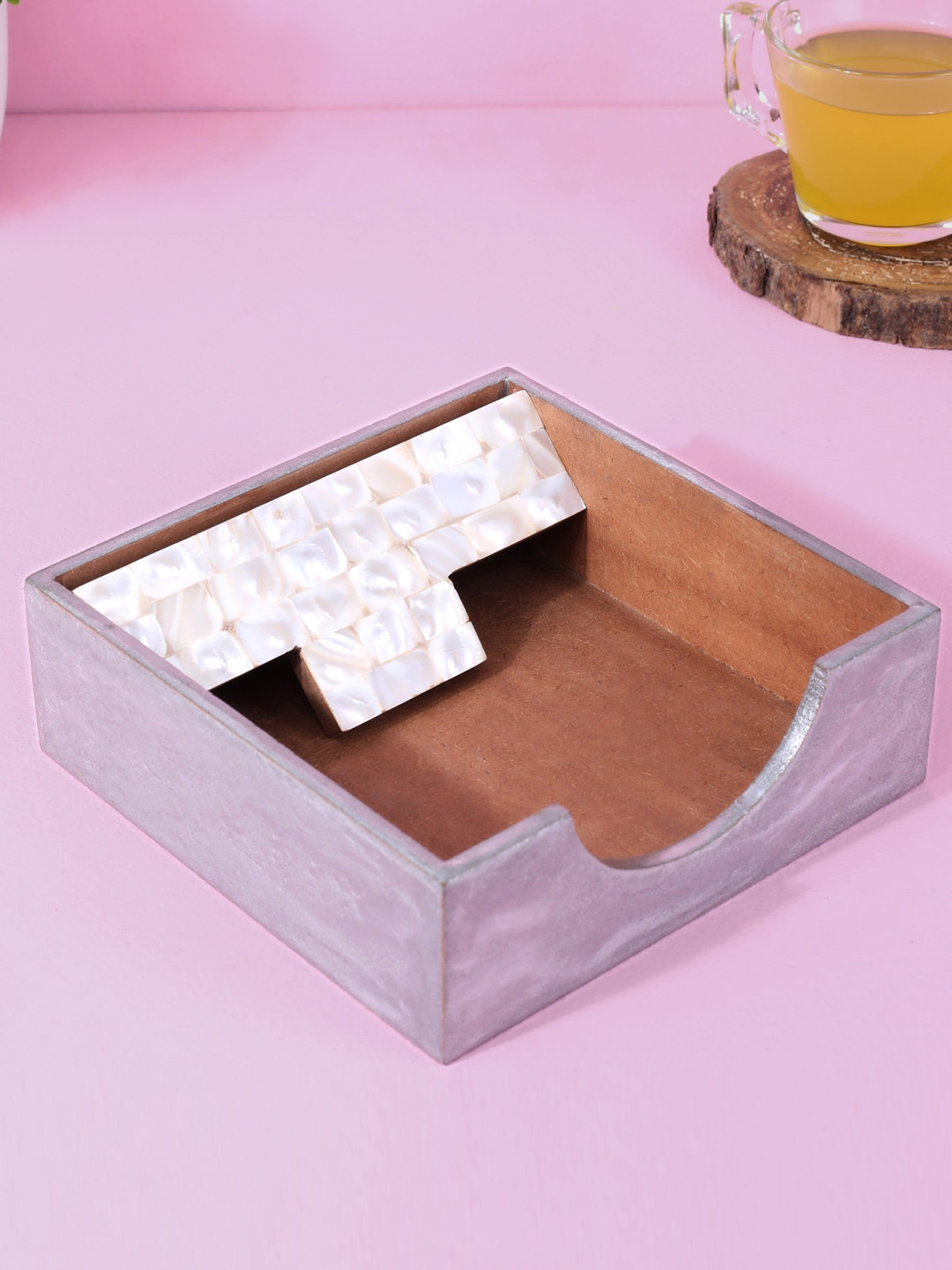THE HOME CO. Silver Toned & White Mother Of Pearl White Wooden Square Tissue Holder