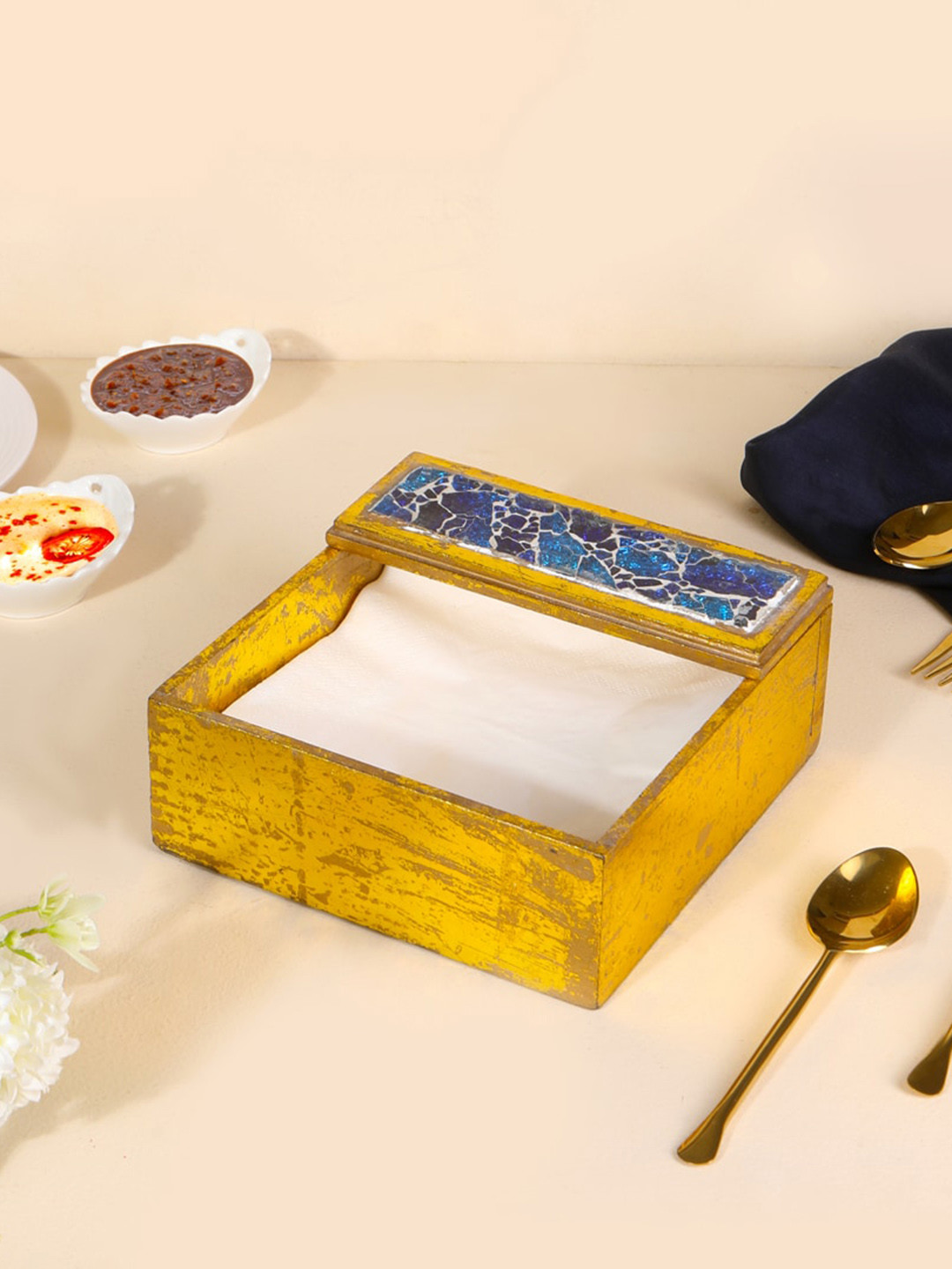 THE HOME CO. Gold Toned & Blue Printed Tissue Holder