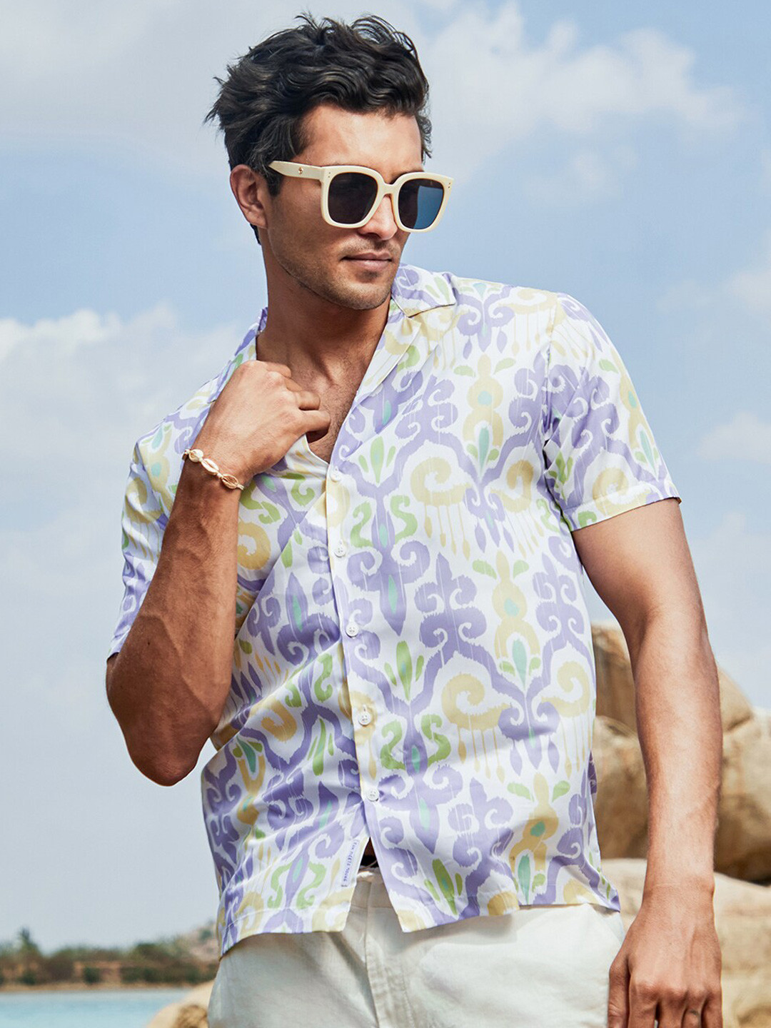 CAHOOT Classic Ethnic Motifs Printed Cuban Collar Cotton Shirt