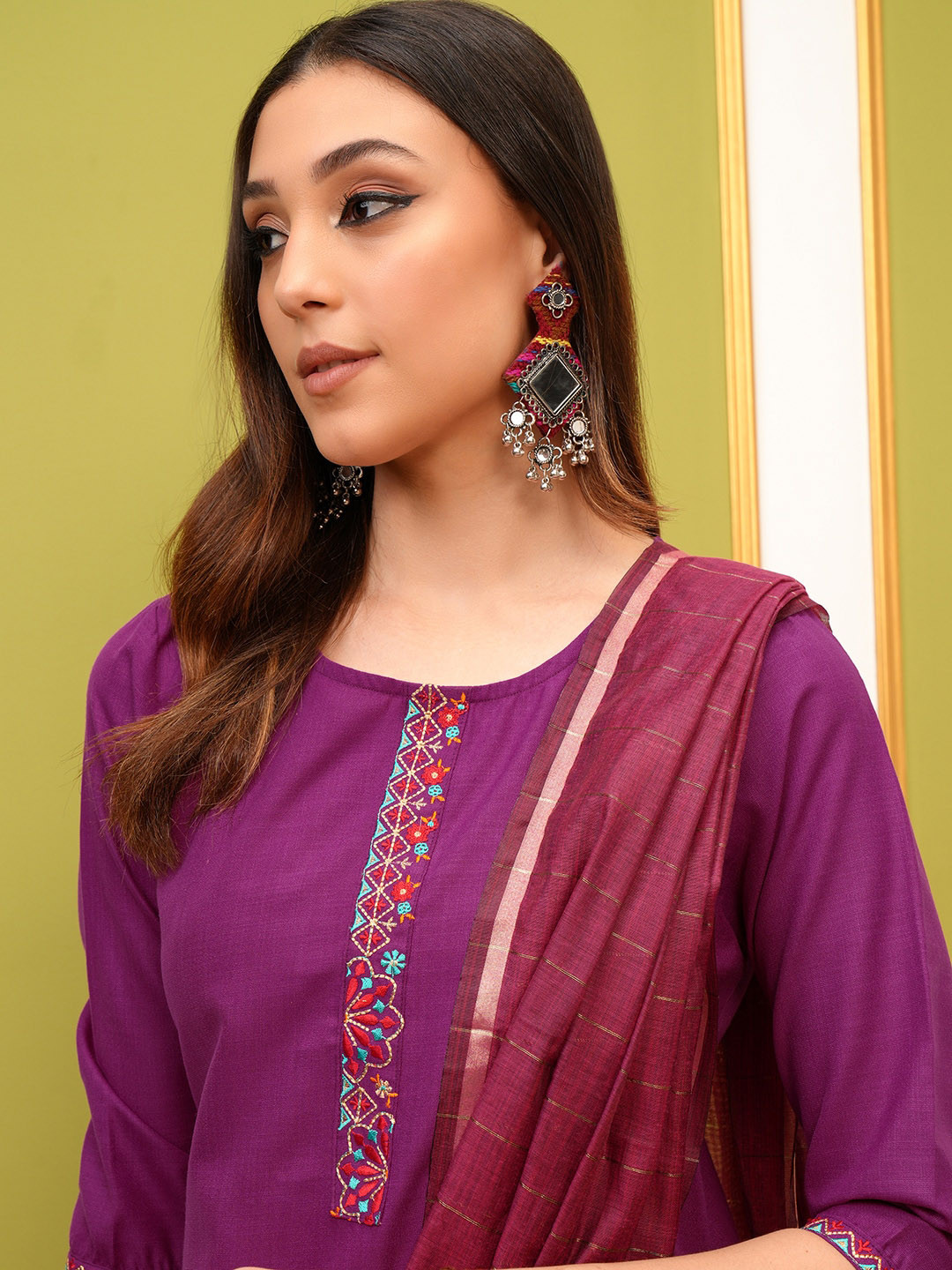 Vishudh Magenta Embroidered Kurta & Palazzos With Dupatta