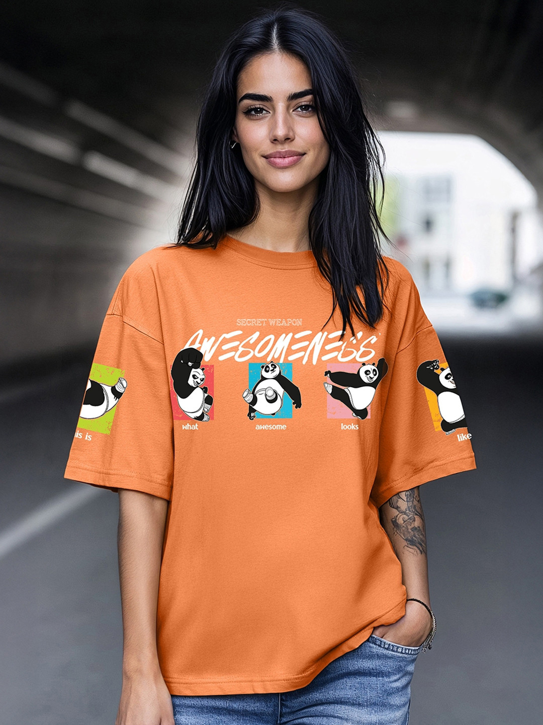 Bewakoof Orange Kung Fu Panda Printed Drop-Shoulder Sleeves Oversized Cotton T-shirt