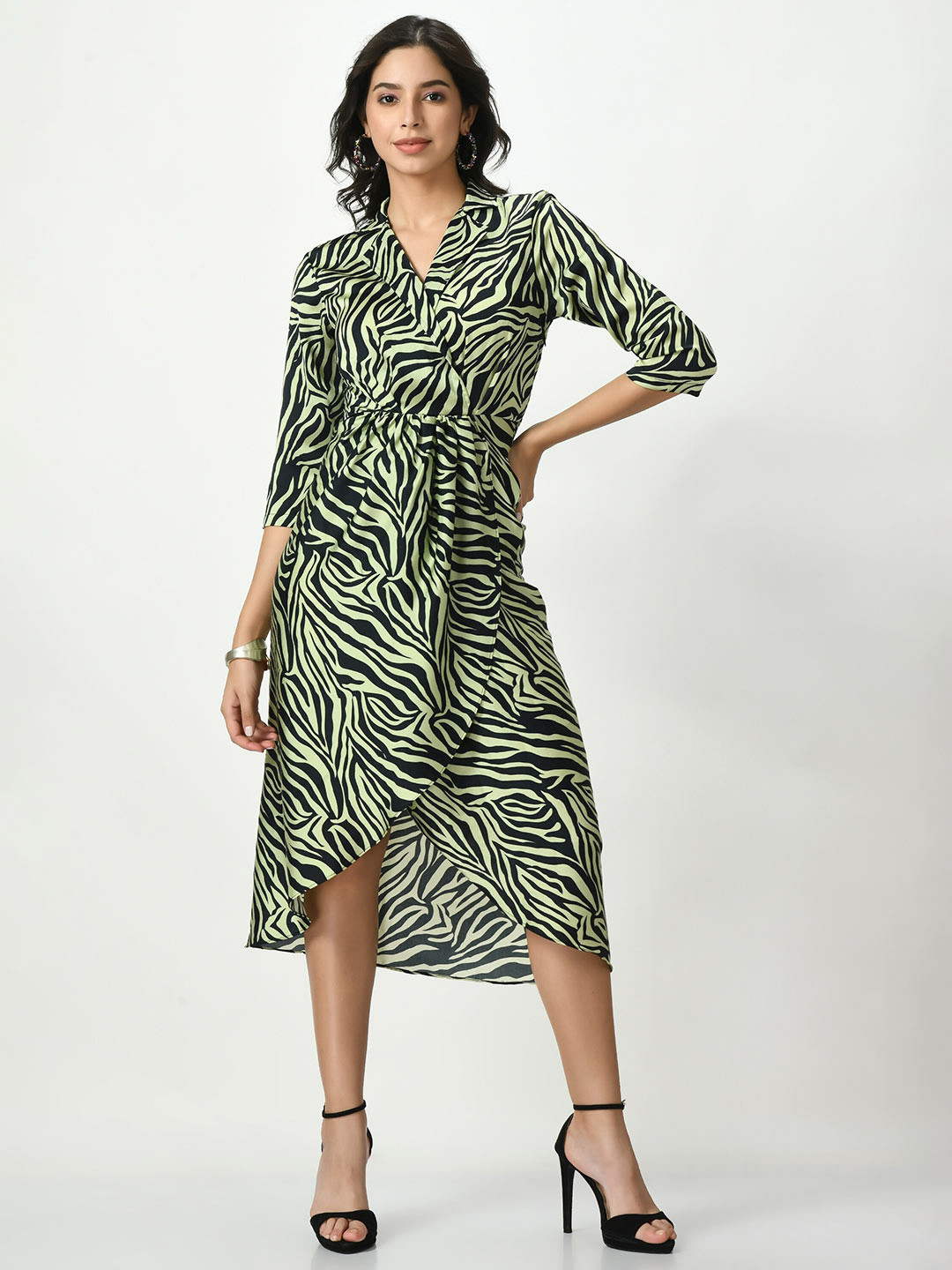 WAYLENE Animal Print Satin Shirt Midi Dress