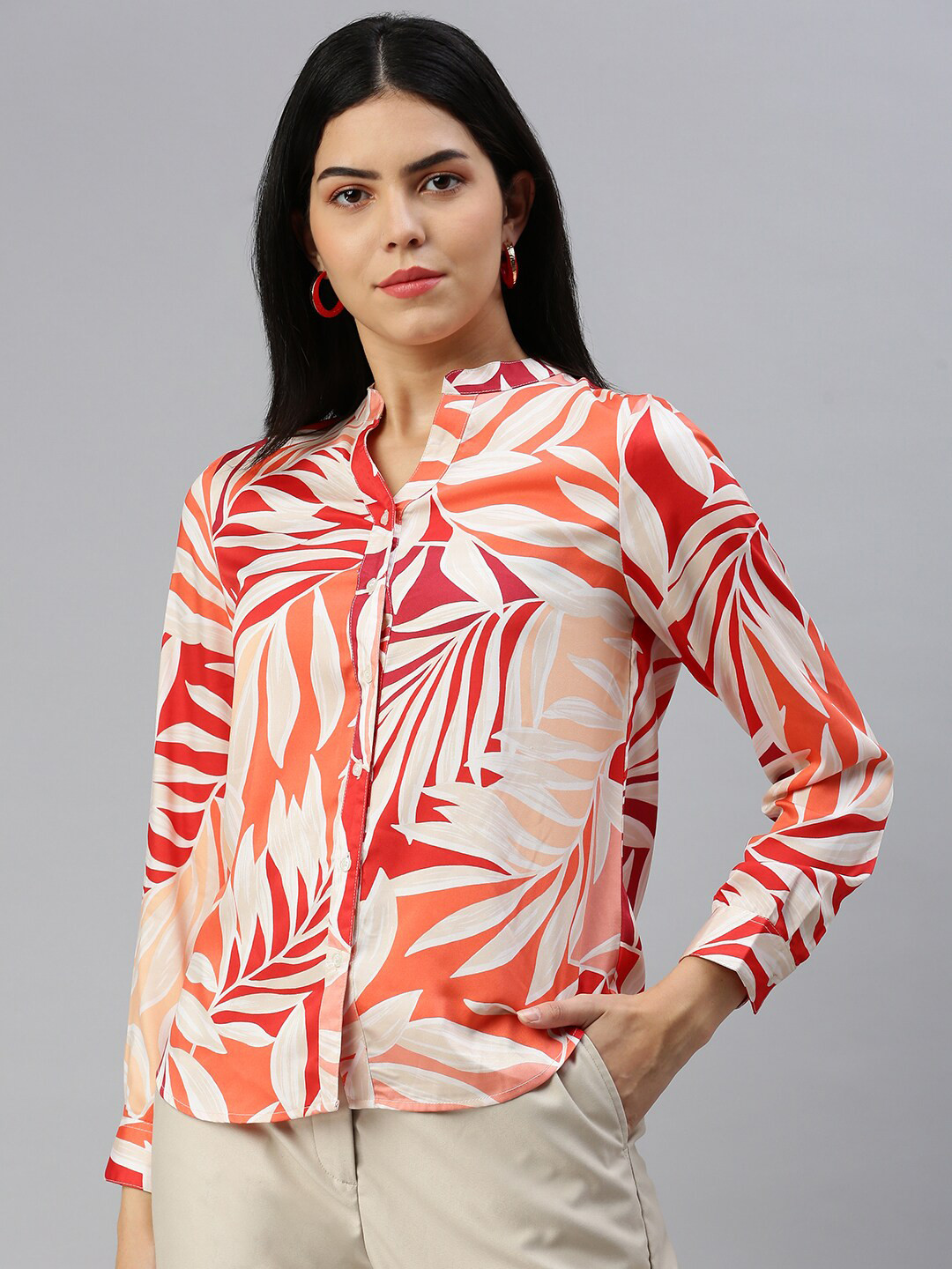 De Moza Abstract Printed Mandarin Collar Shirt Style Top
