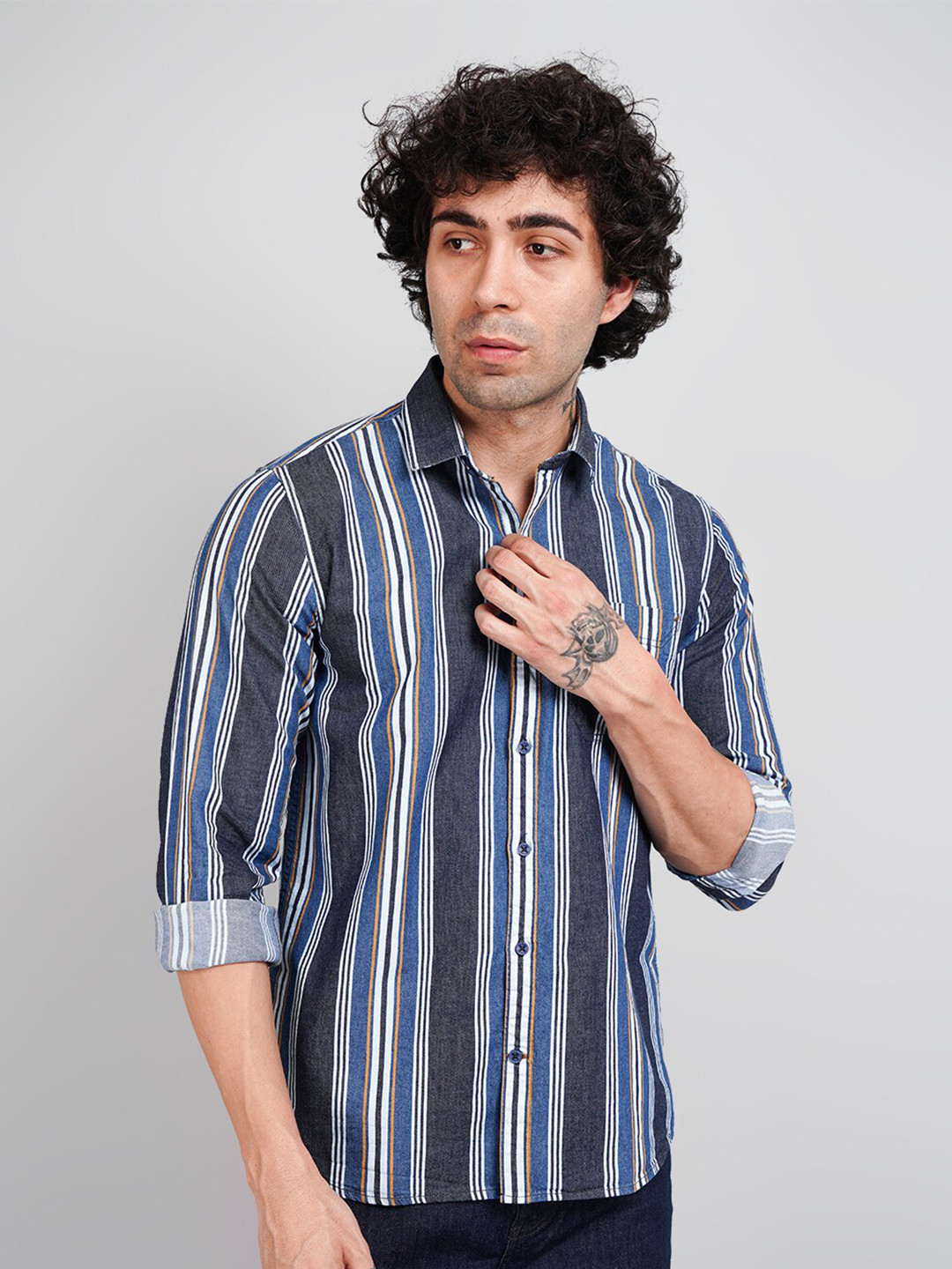 TIM PARIS Vertical Stripes Opaque Cotton Casual Shirt
