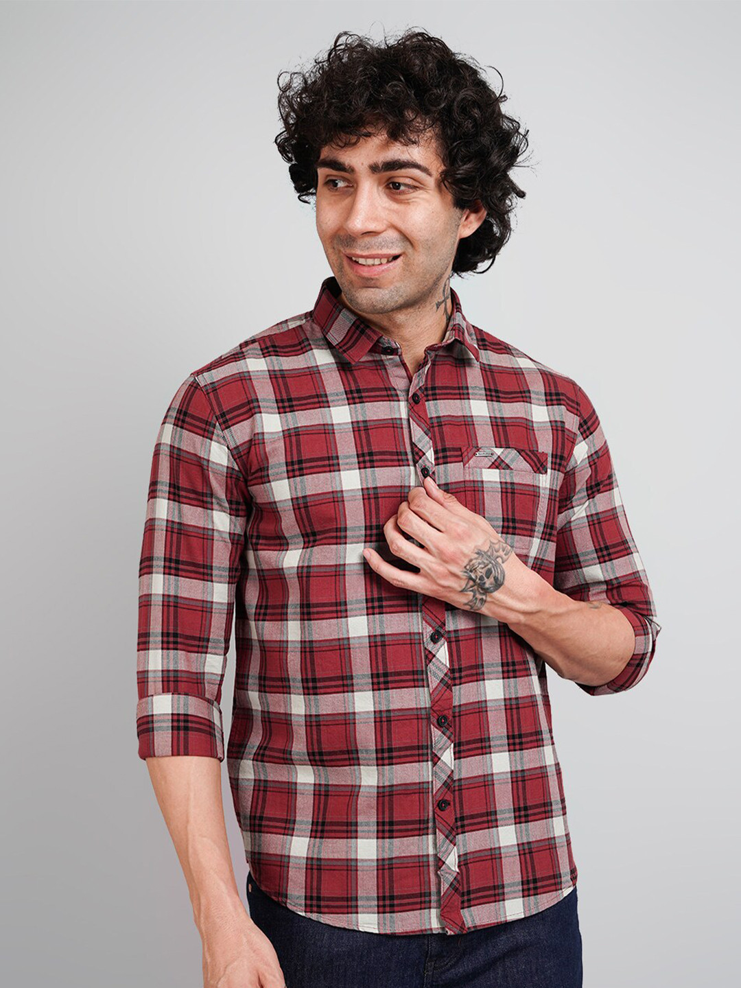TIM PARIS Checked Spread Collar Cotton Casual Shirt