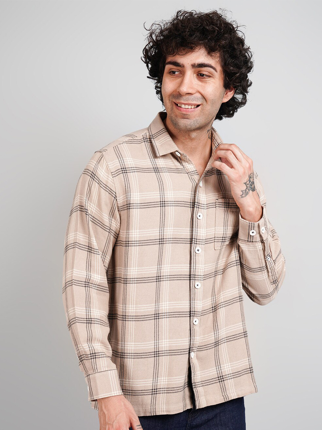 TIM PARIS Windowpane Checks Opaque Cotton Casual Shirt