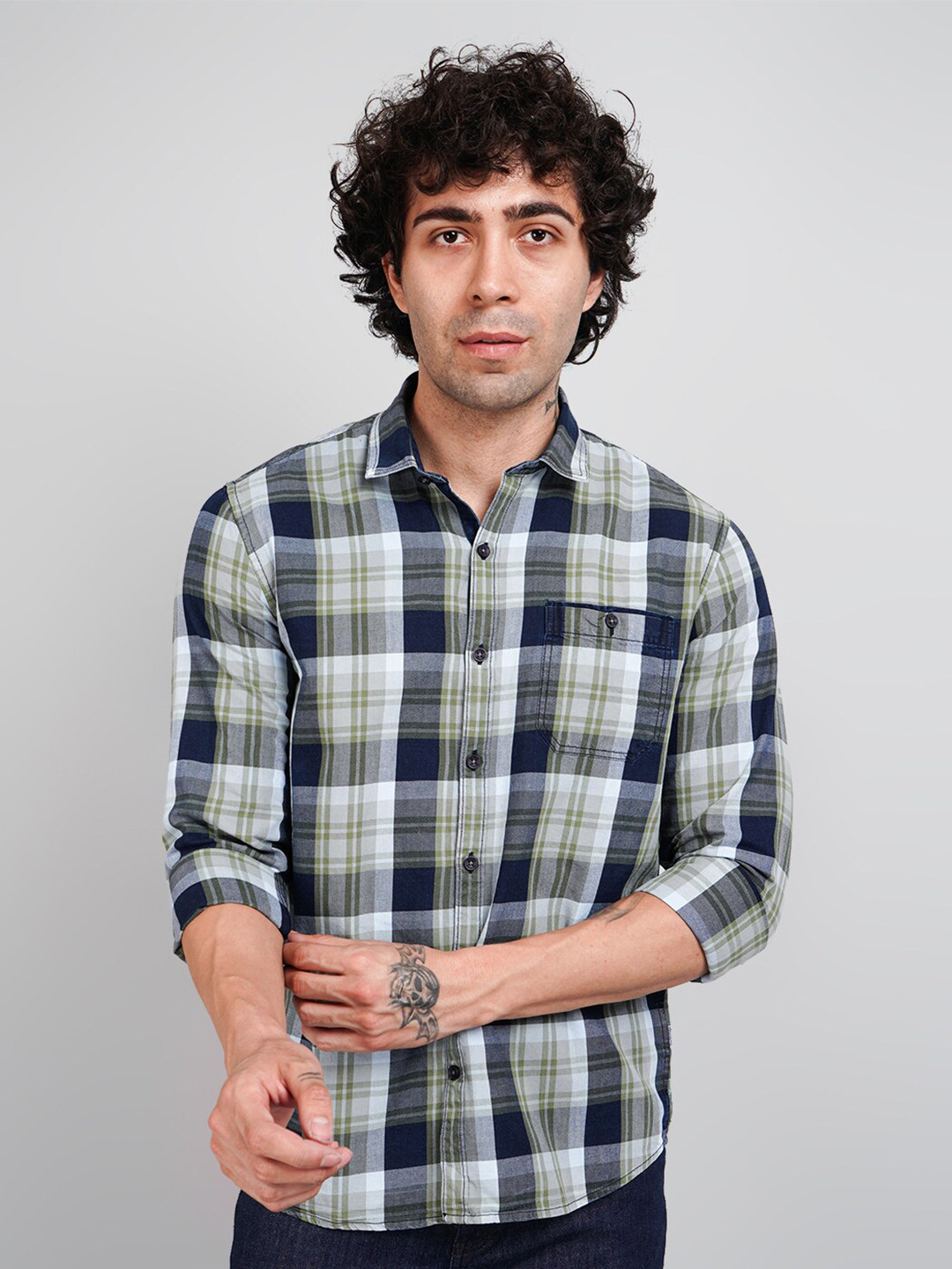 TIM PARIS Tartan Checks Opaque Cotton Casual Shirt