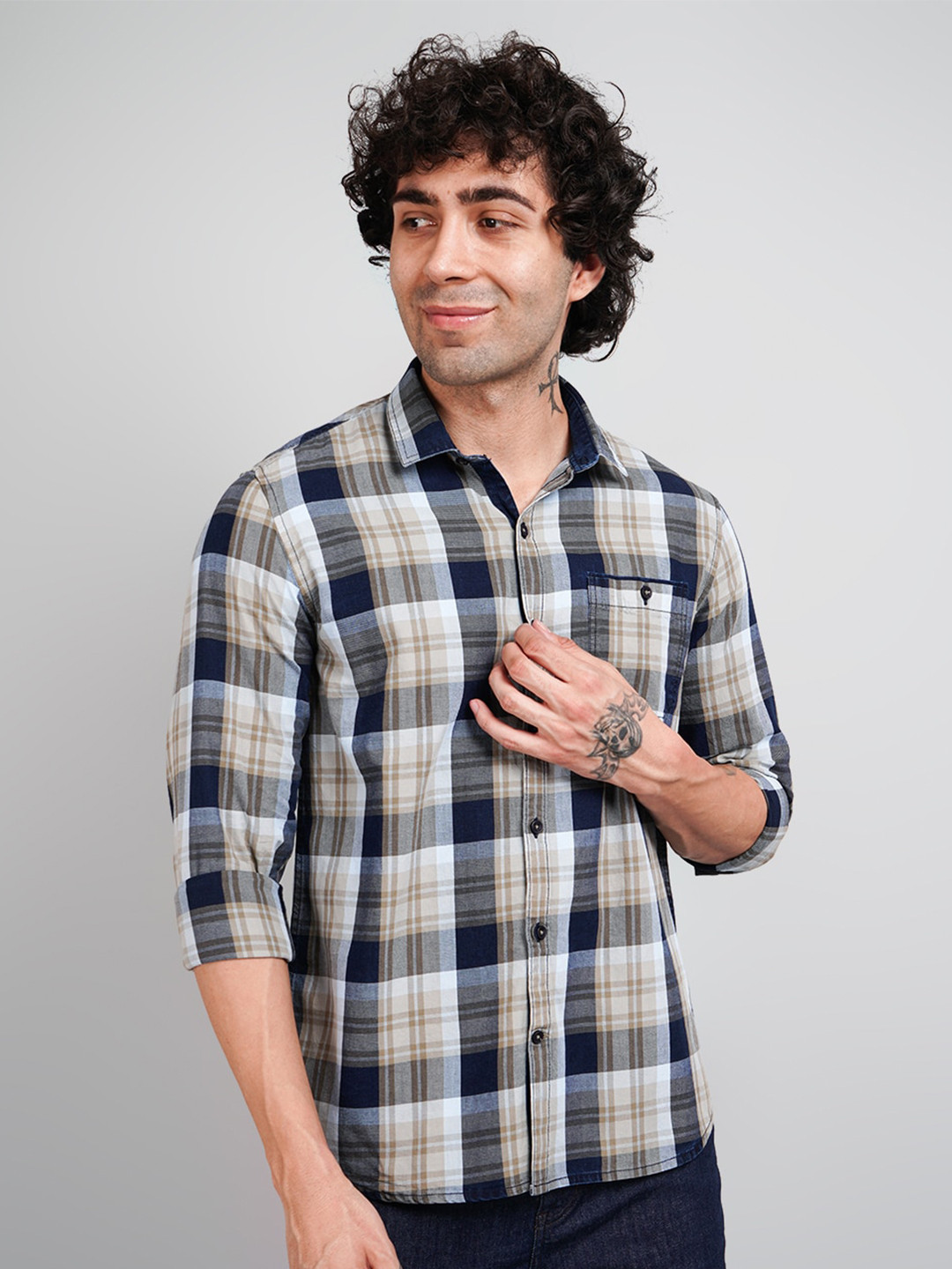 TIM PARIS Tartan Checks Opaque Cotton Casual Shirt