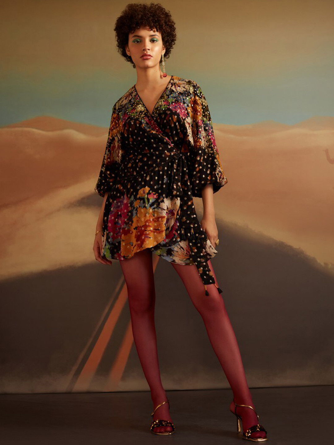 VERB BY PALLAVI SINGHEE Abstract Printed Embellished Georgette Mini Wrap Dress