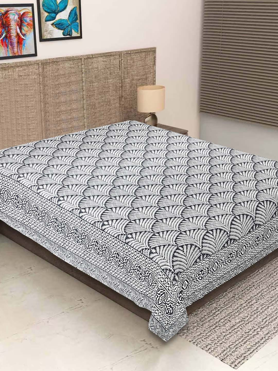 INDHOME LIFE Jaipuri Grey Leaf Pure Cotton 290 TC Single Fine Bedsheet -60 x 90 inches